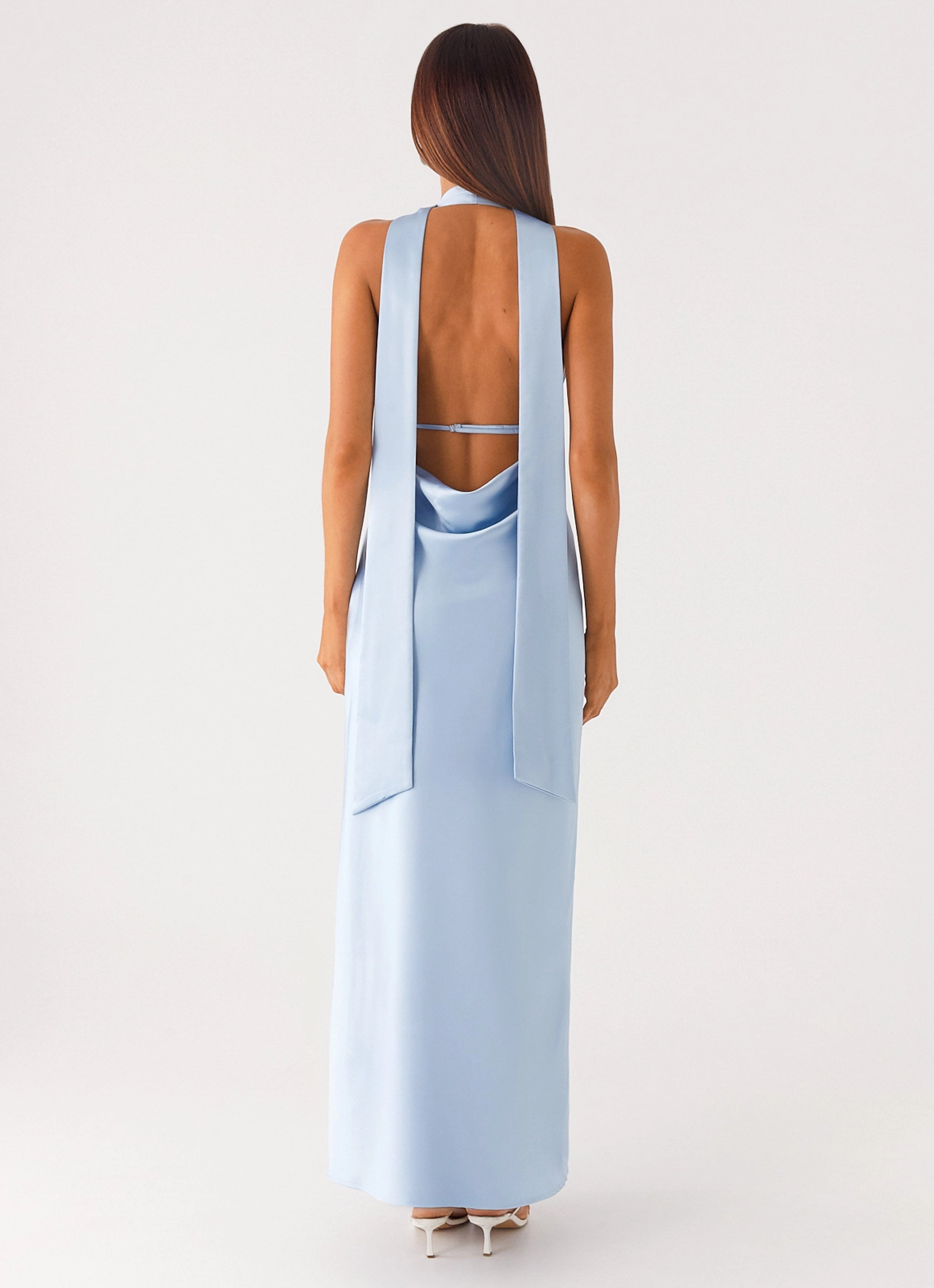 Festive Wear Calm Aesthetic Alicia Satin Halter Maxi Dress - Baby Blue
