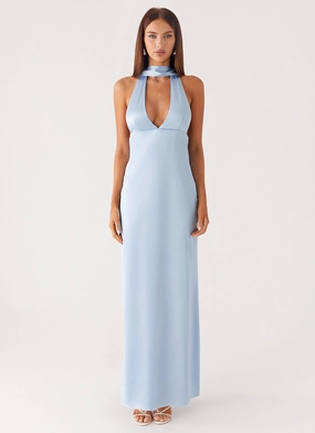 Glam Touch Alicia Satin Halter Maxi Dress - Baby Blue