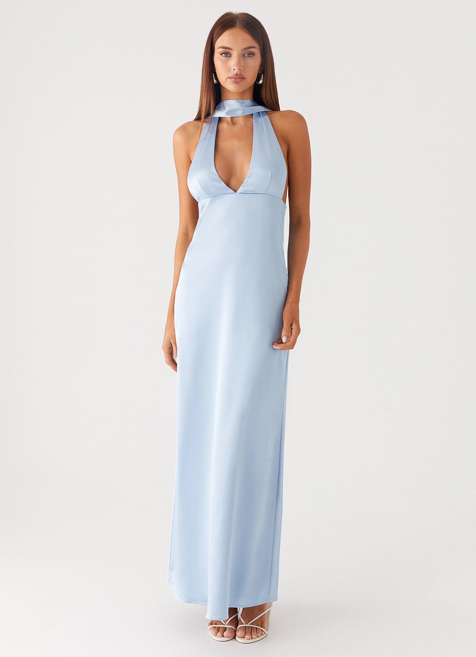 Chic Tone Soul Warm Alicia Satin Halter Maxi Dress - Baby Blue
