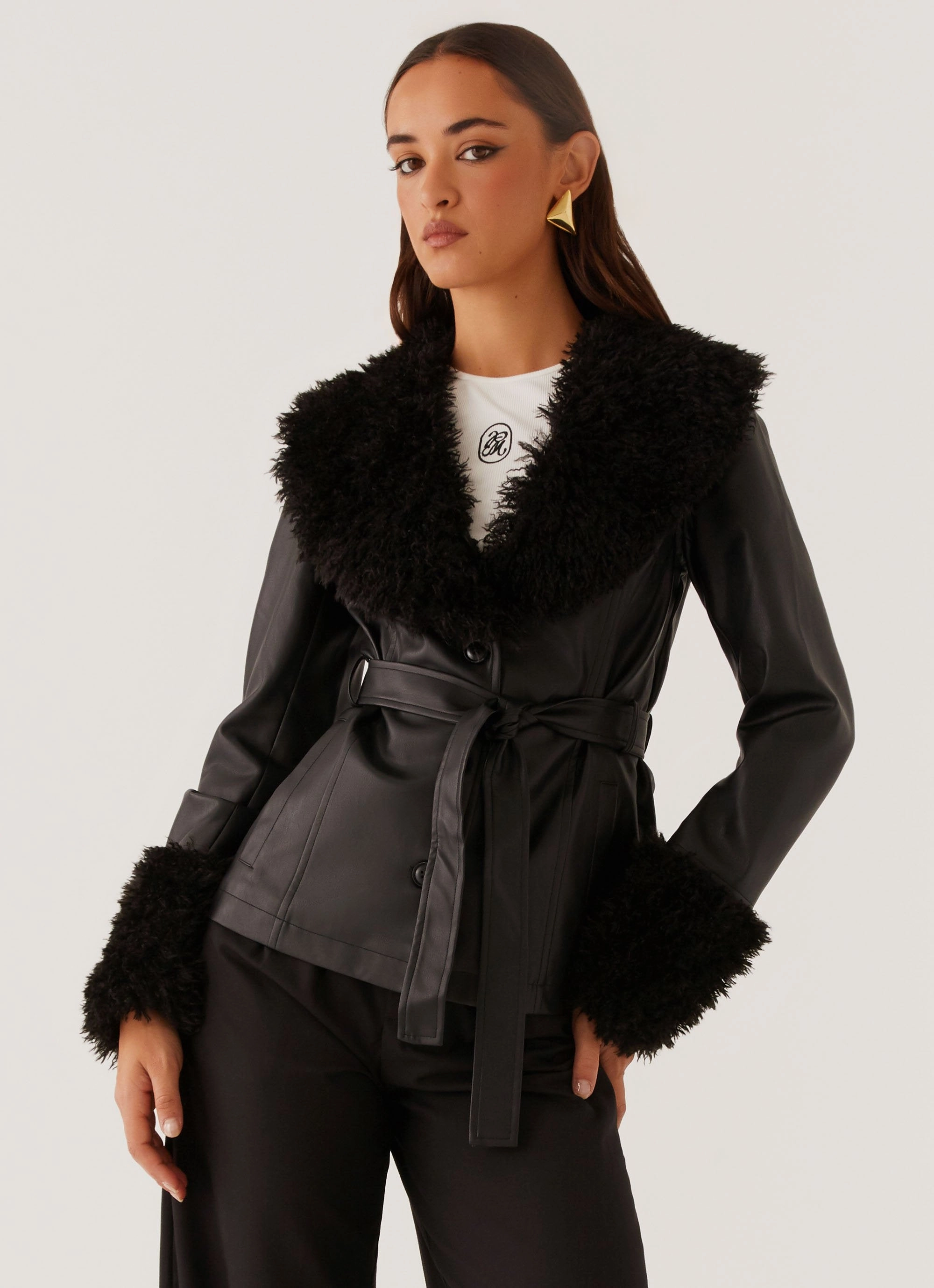 Insulated Design Street Lights Fur Trim Jacket - Black