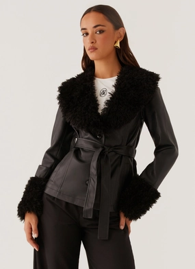 Insulated Design Street Lights Fur Trim Jacket - Black