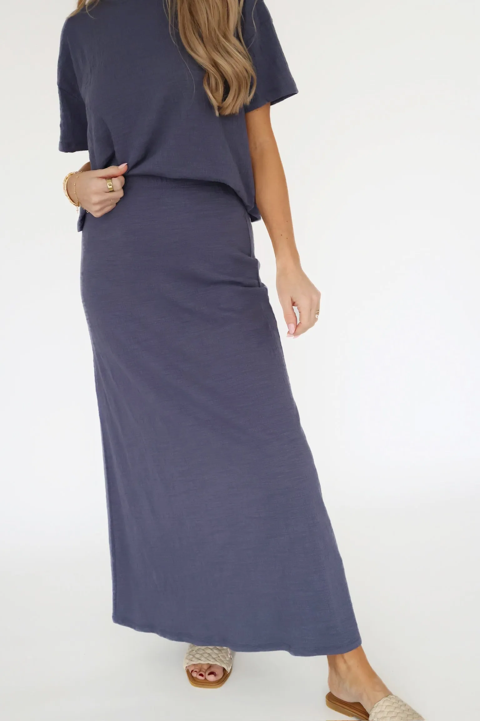 Delavine Textured Midi Skirt - Worn Blue Minimal Fit StaticDissipativeFabric
