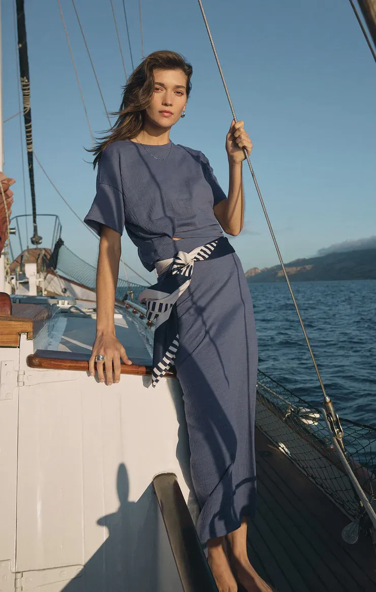 Sleek and Soft Casual Wearable Delavine Textured Midi Skirt - Worn Blue