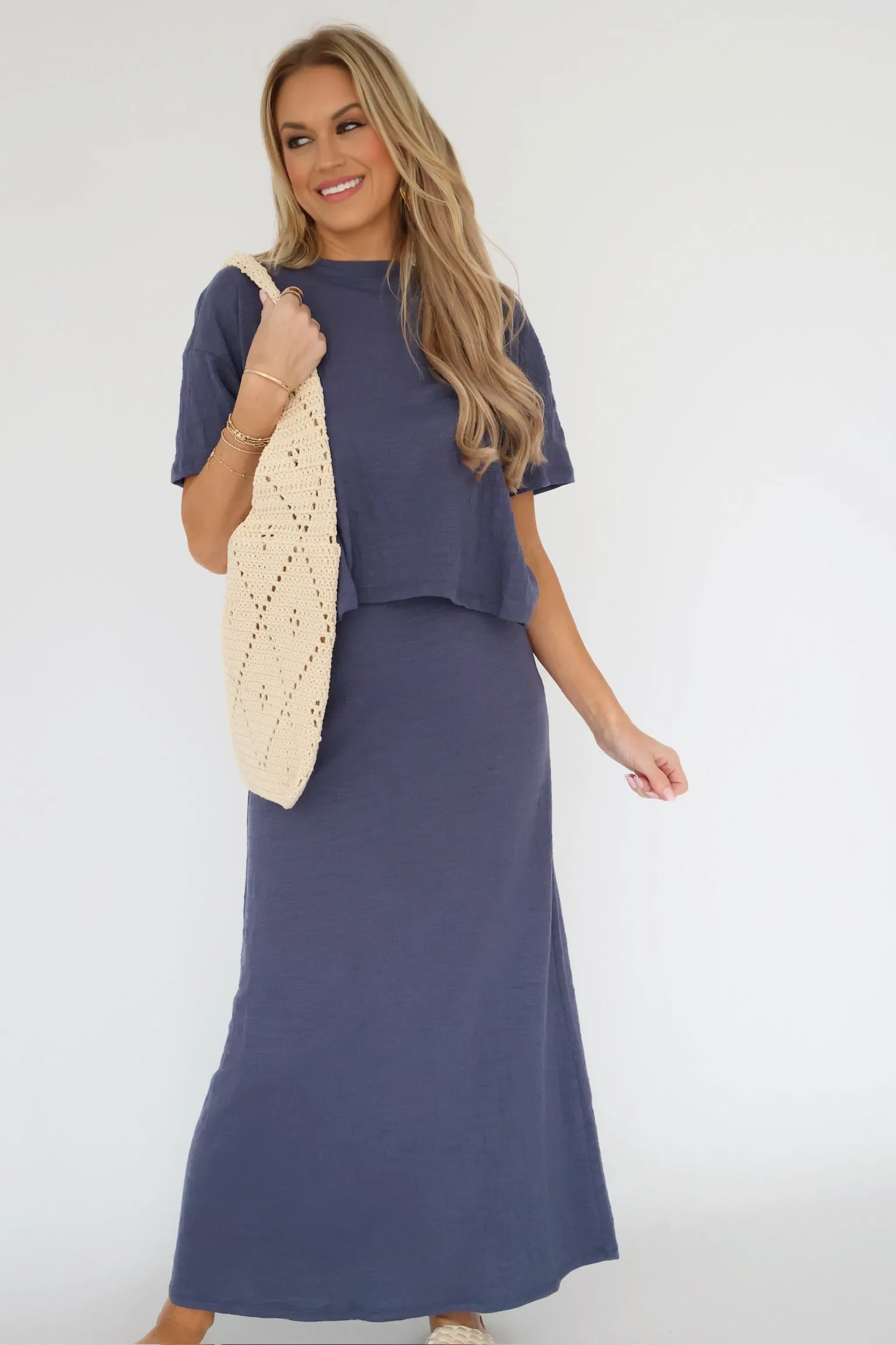 Delavine Textured Midi Skirt - Worn Blue Lightweight Material Sporty Comfort