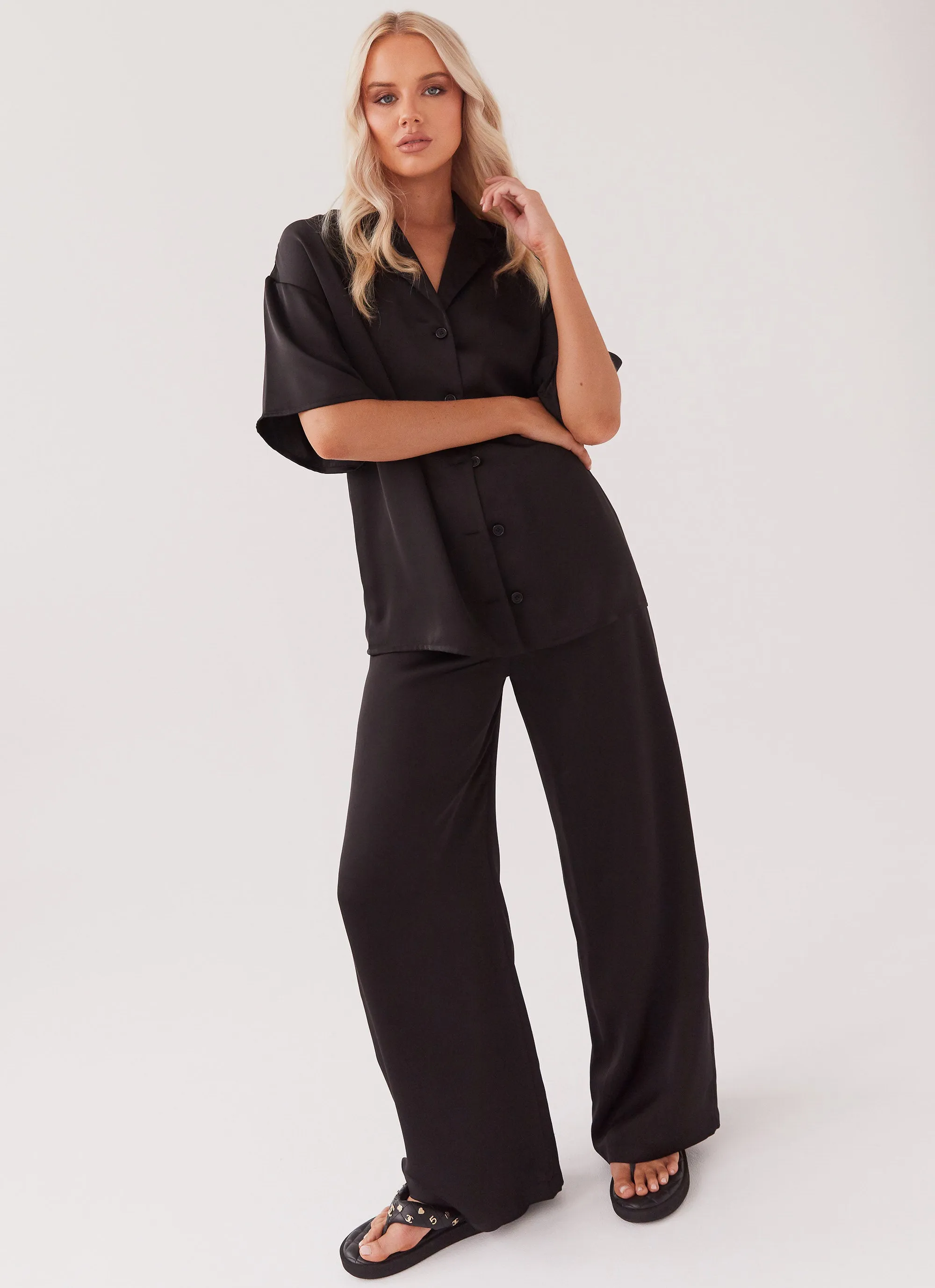 Palm Cove Satin Pants - Black NaturalFiberBlend Cozy Wear