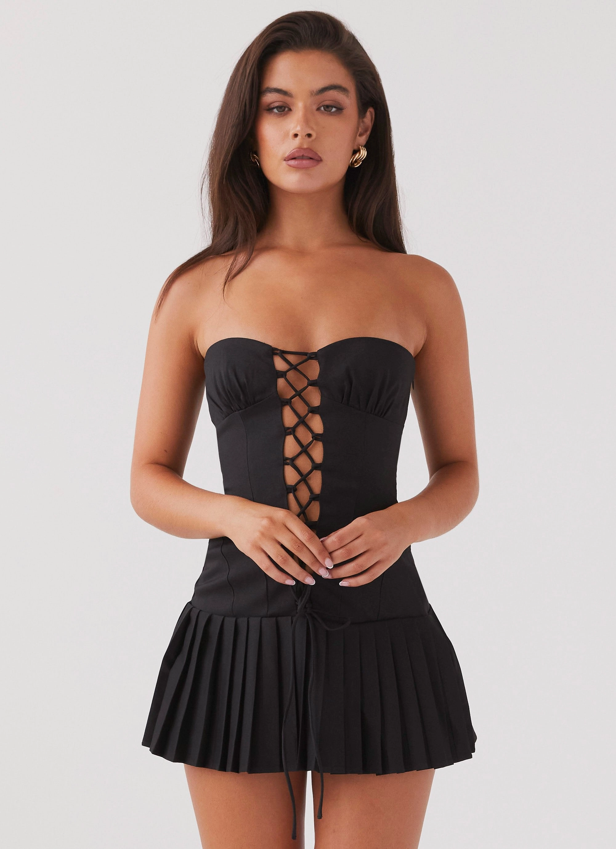 Heating Up Lace Up Mini Dress - Black Layered Fit Embroidered-Detail