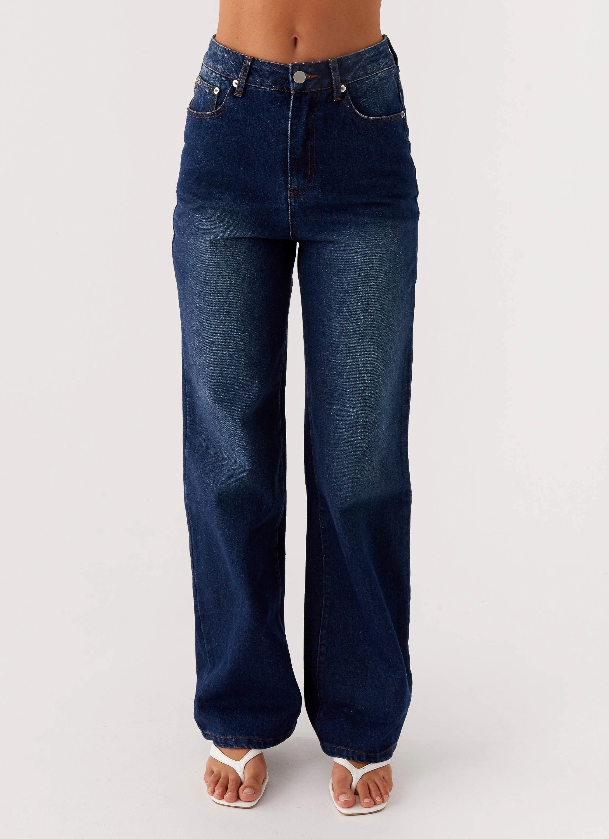 Back Again Straight Leg Denim Jeans - Vintage Blue Adjustable Hem Lock System Casual Feel