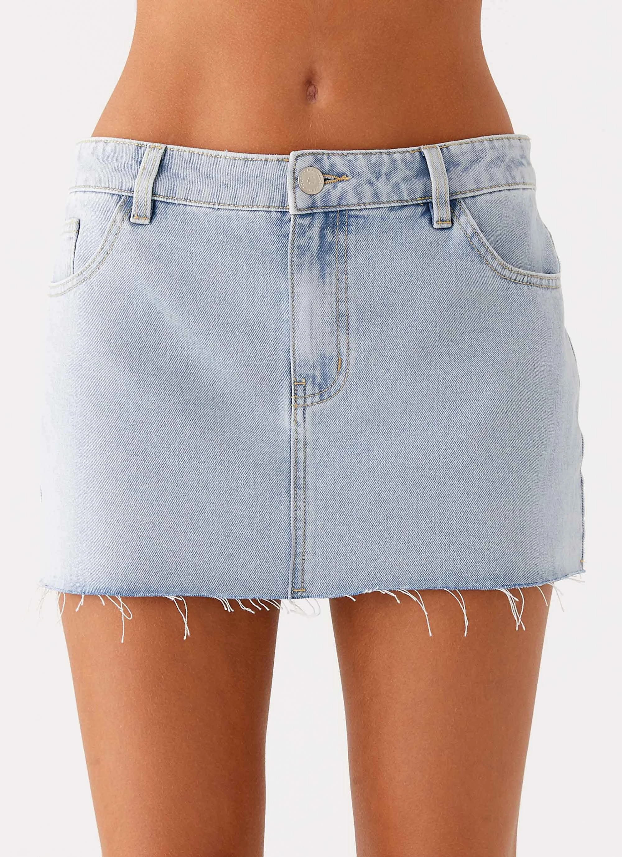 Softened Hem Lightweight Weave Kamen Low Rise Mini Skirt - Light Denim