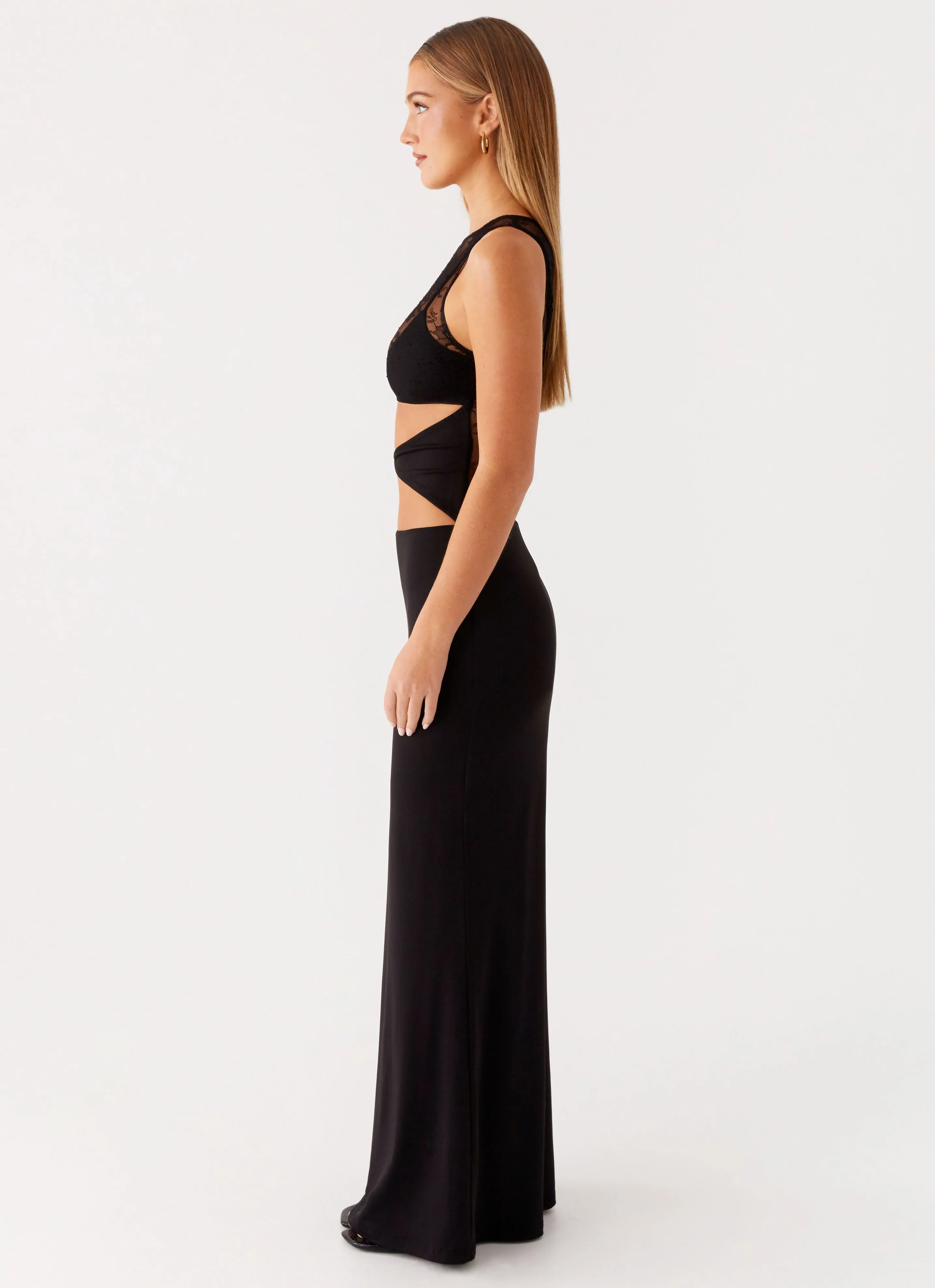 Imperial Maxi Dress - Black Flattering Waist Design Fit Metallic-Shine