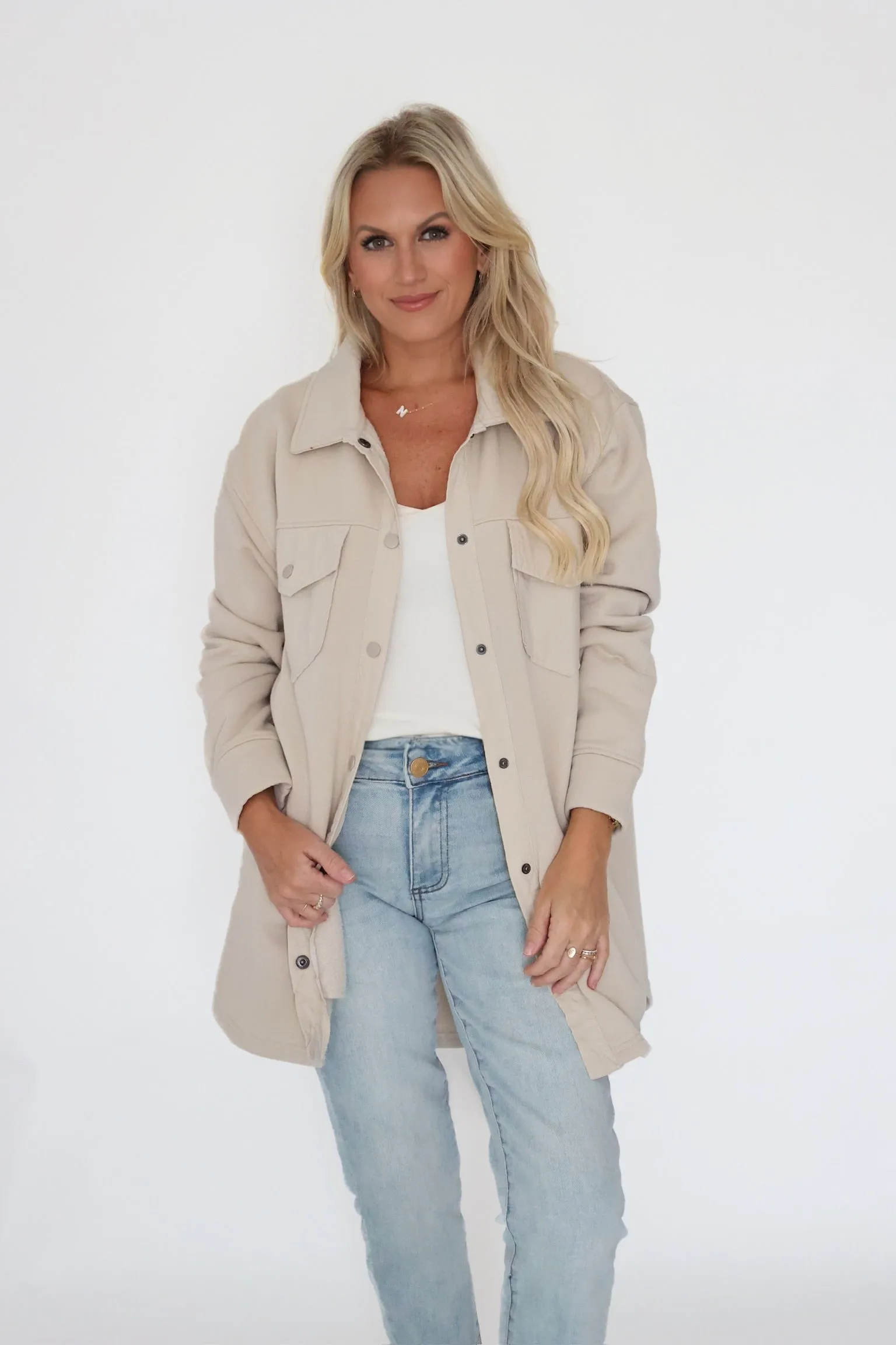 Relaxed Fit Shirt Soft Blended Fabric In A Snap Shacket- Natural