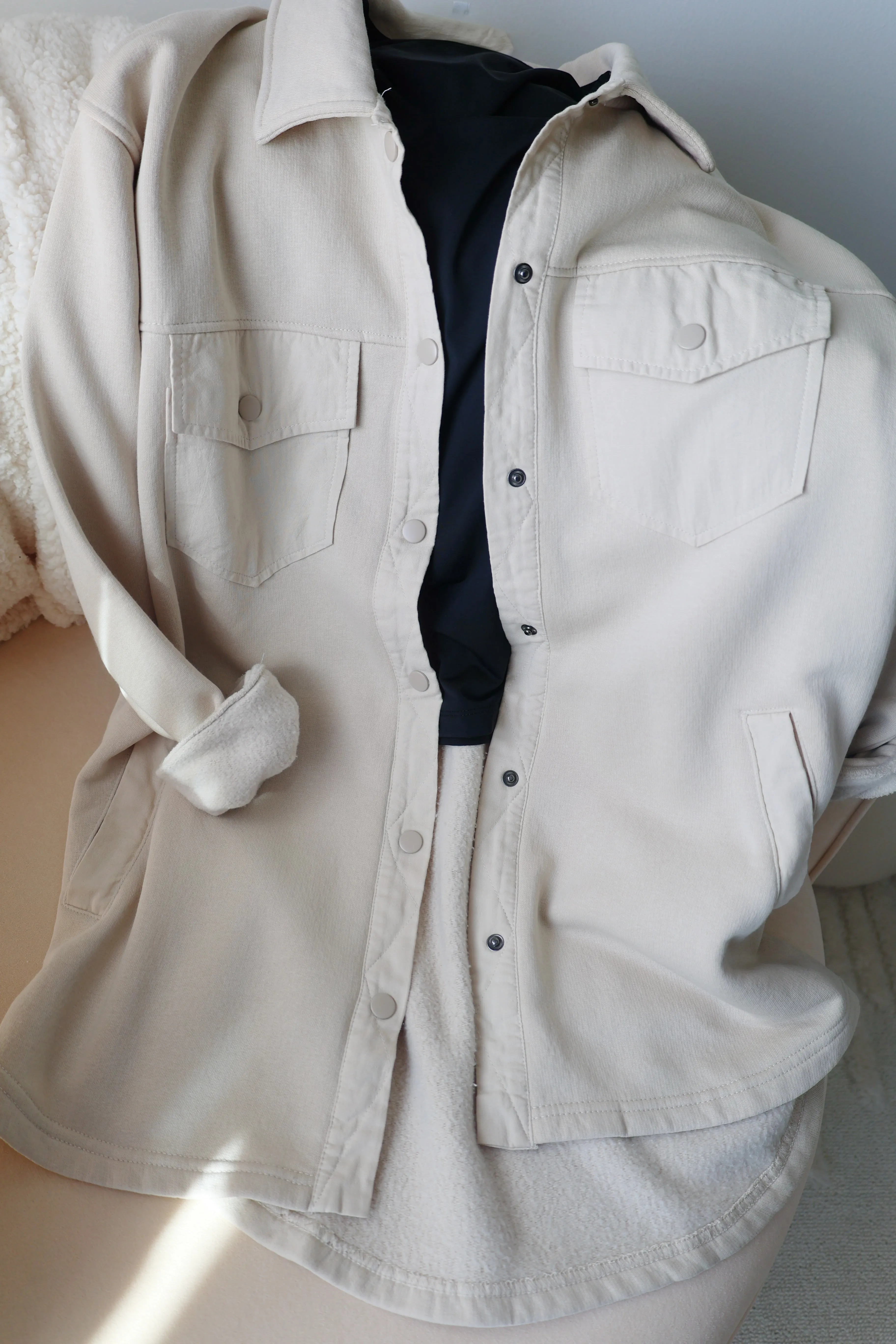 Water Resistant Design Ergonomic Shoulder Design In A Snap Shacket- Natural