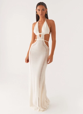 Soft Profile Lightweight and Breezy In Motion Cut Out Crochet Maxi Dress - White