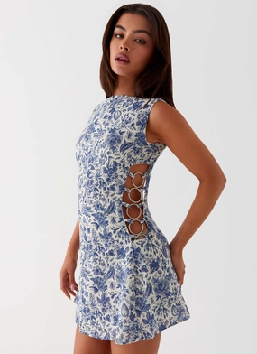 Breath Ease Indigo Bloom Linen Mini Dress - Blue Paisley