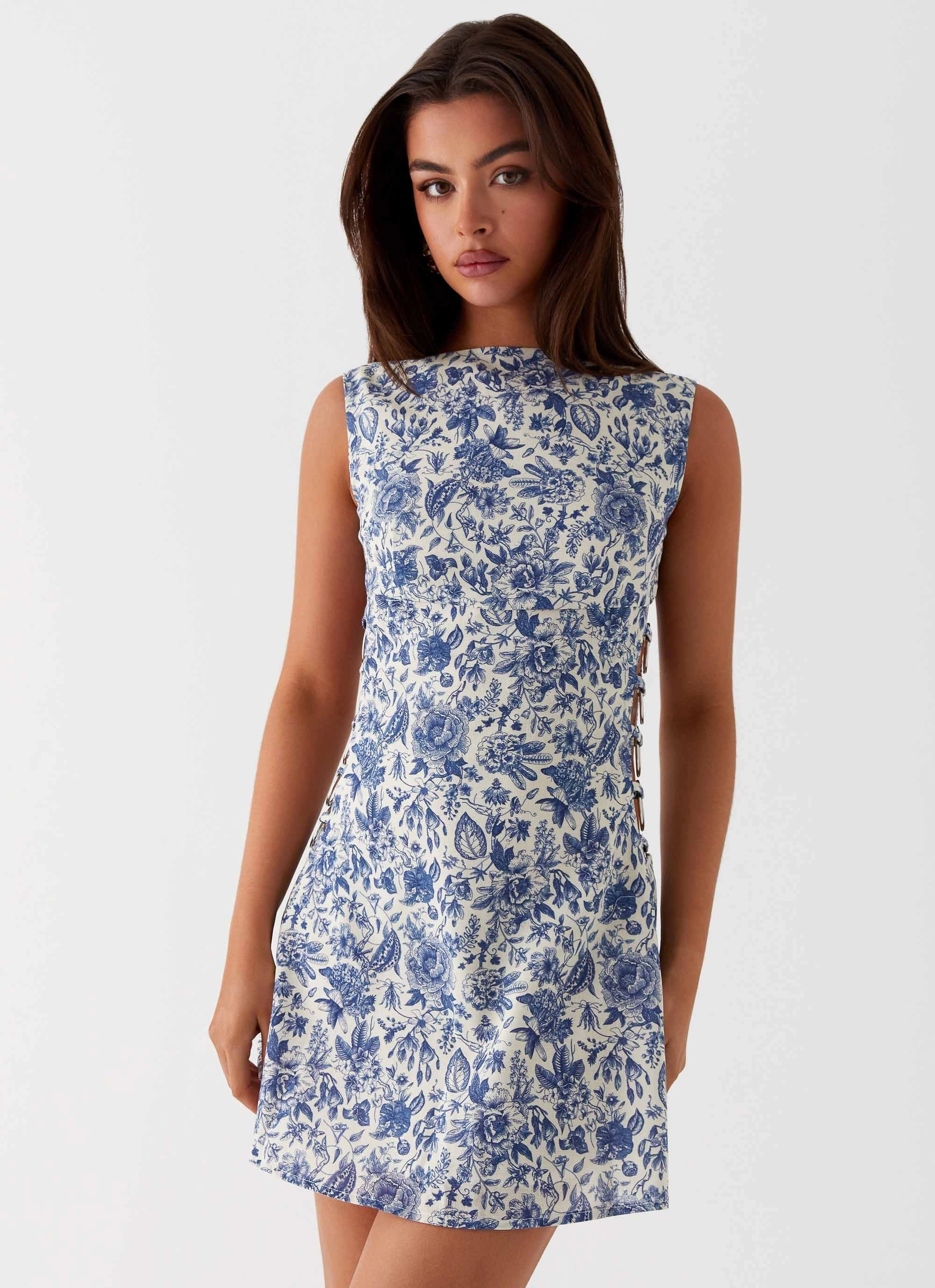 Lounge Base Indigo Bloom Linen Mini Dress - Blue Paisley