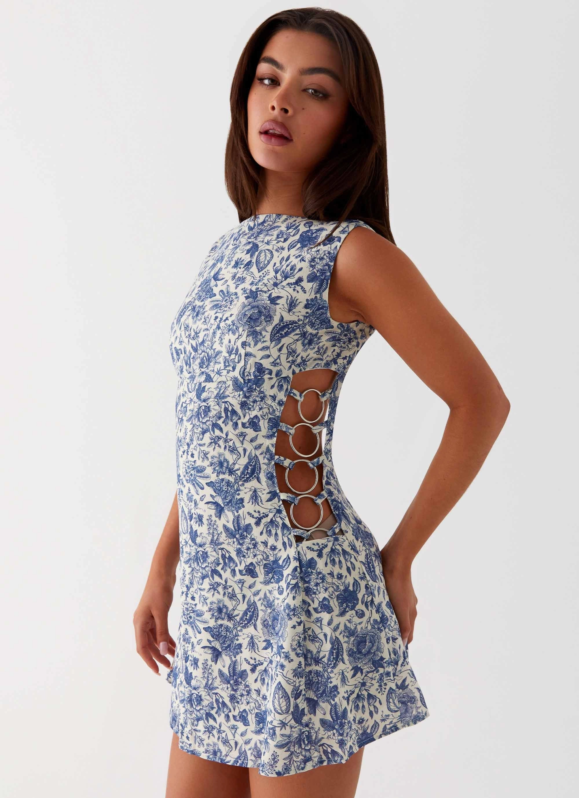 Breath Ease Indigo Bloom Linen Mini Dress - Blue Paisley