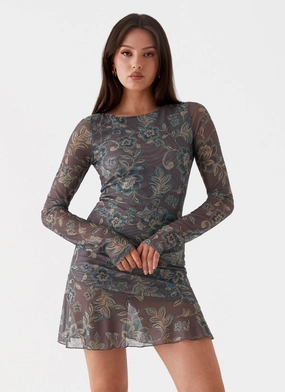 Ines Long Sleeve Mini Dress - Brown Floral Body Fit