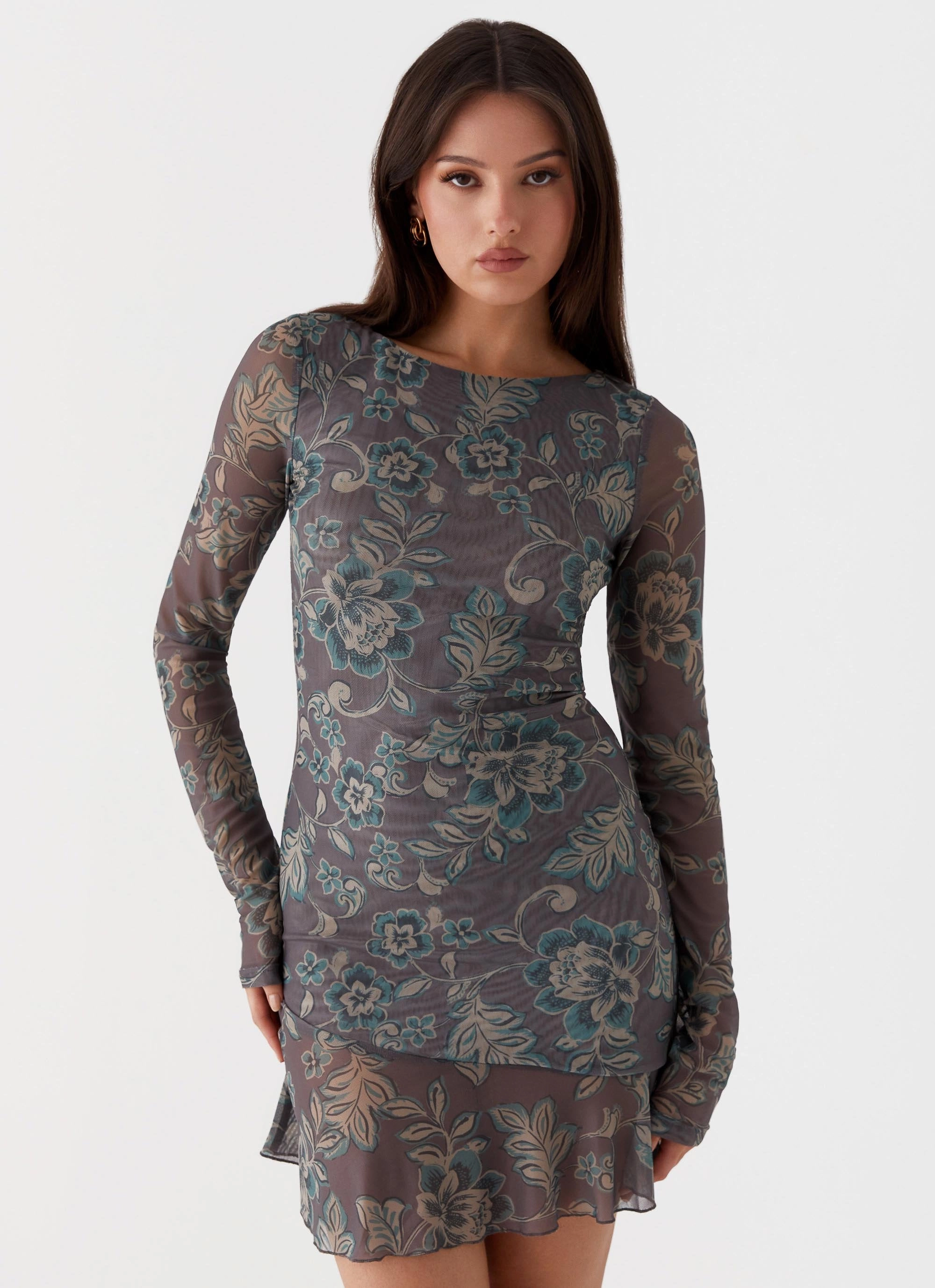 Ines Long Sleeve Mini Dress - Brown Floral Night Out