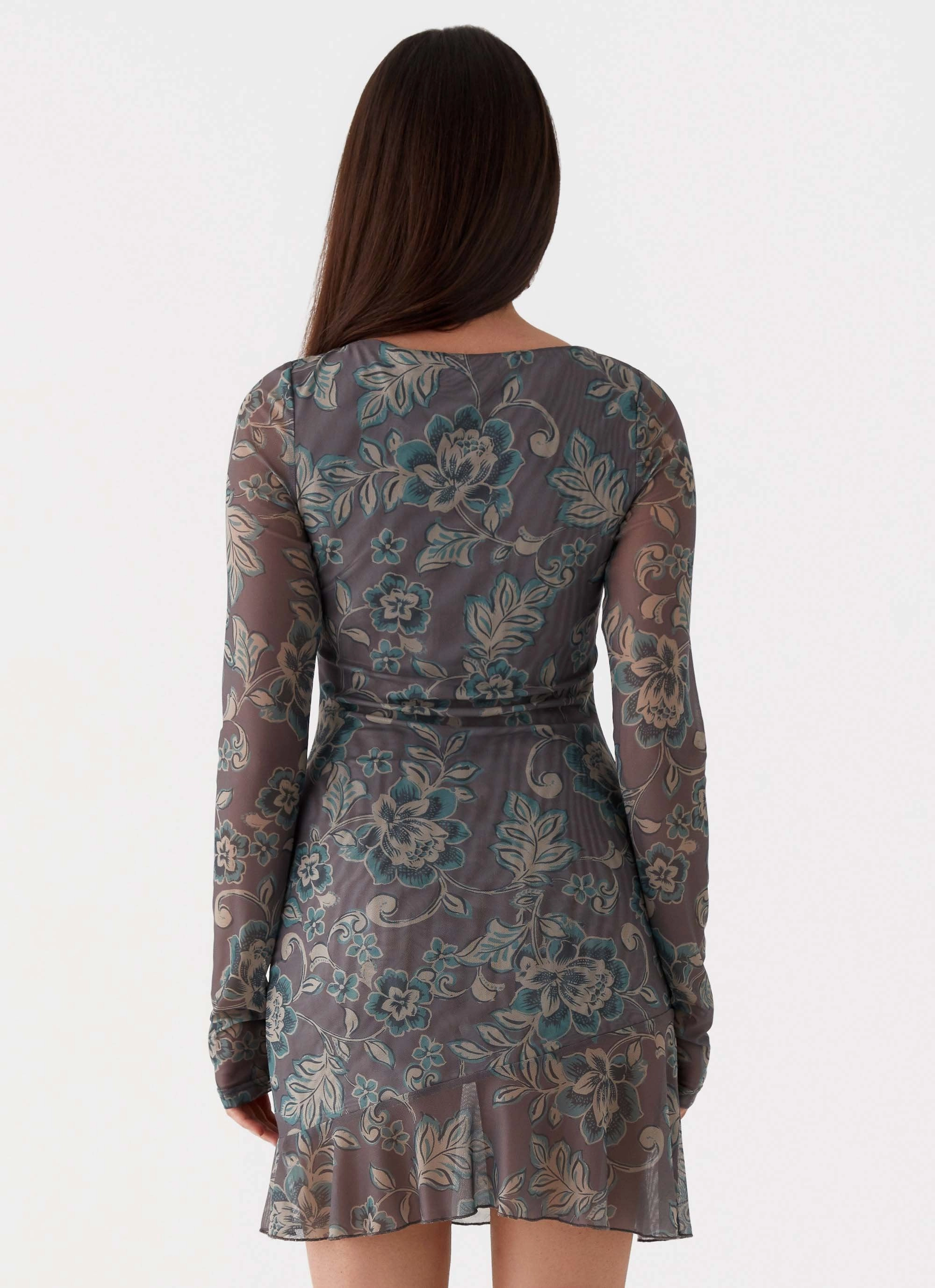 Sleek Waistband Casual chic dress Ines Long Sleeve Mini Dress - Brown Floral