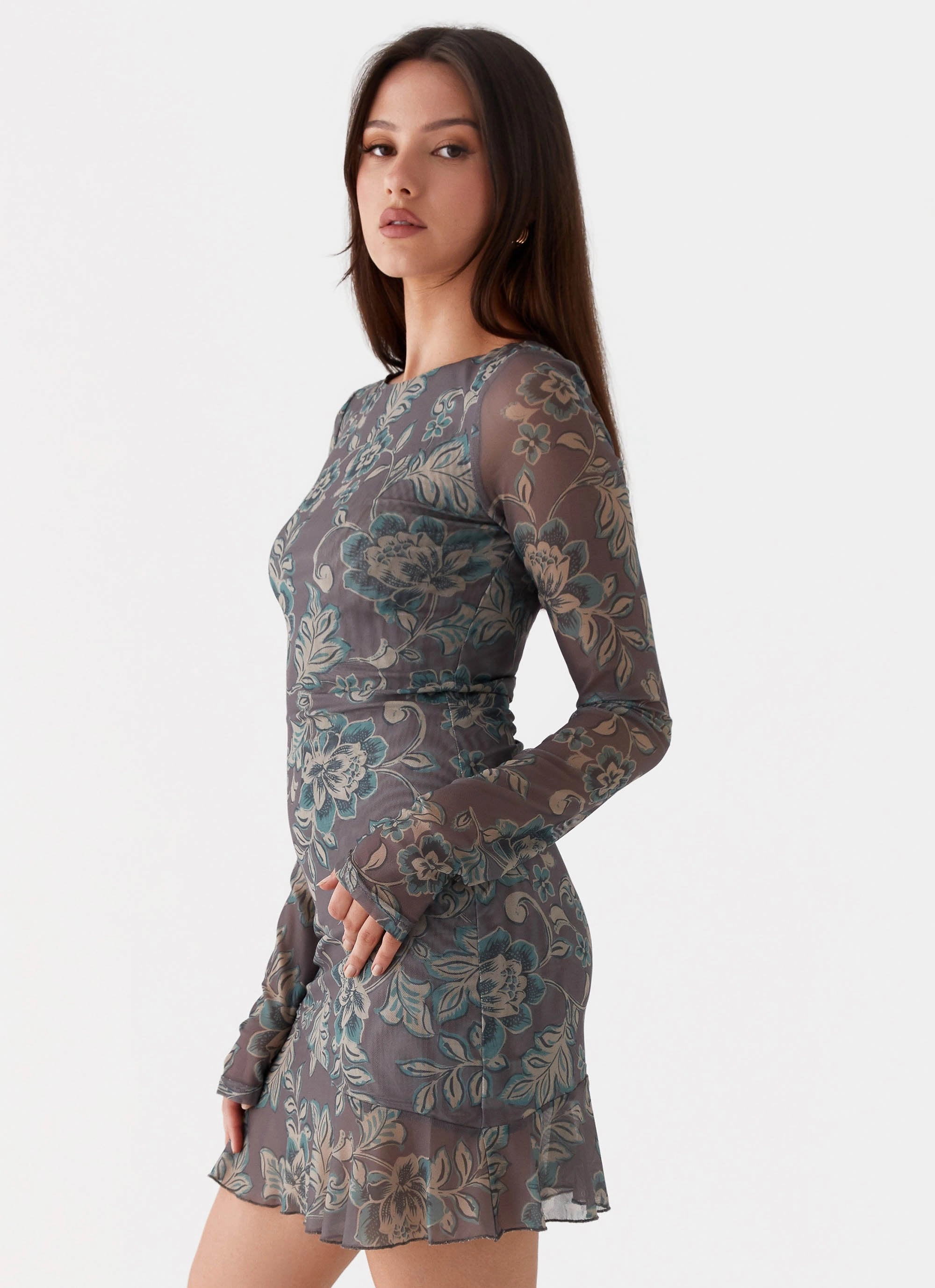 Ines Long Sleeve Mini Dress - Brown Floral Street Mood Stylish Line