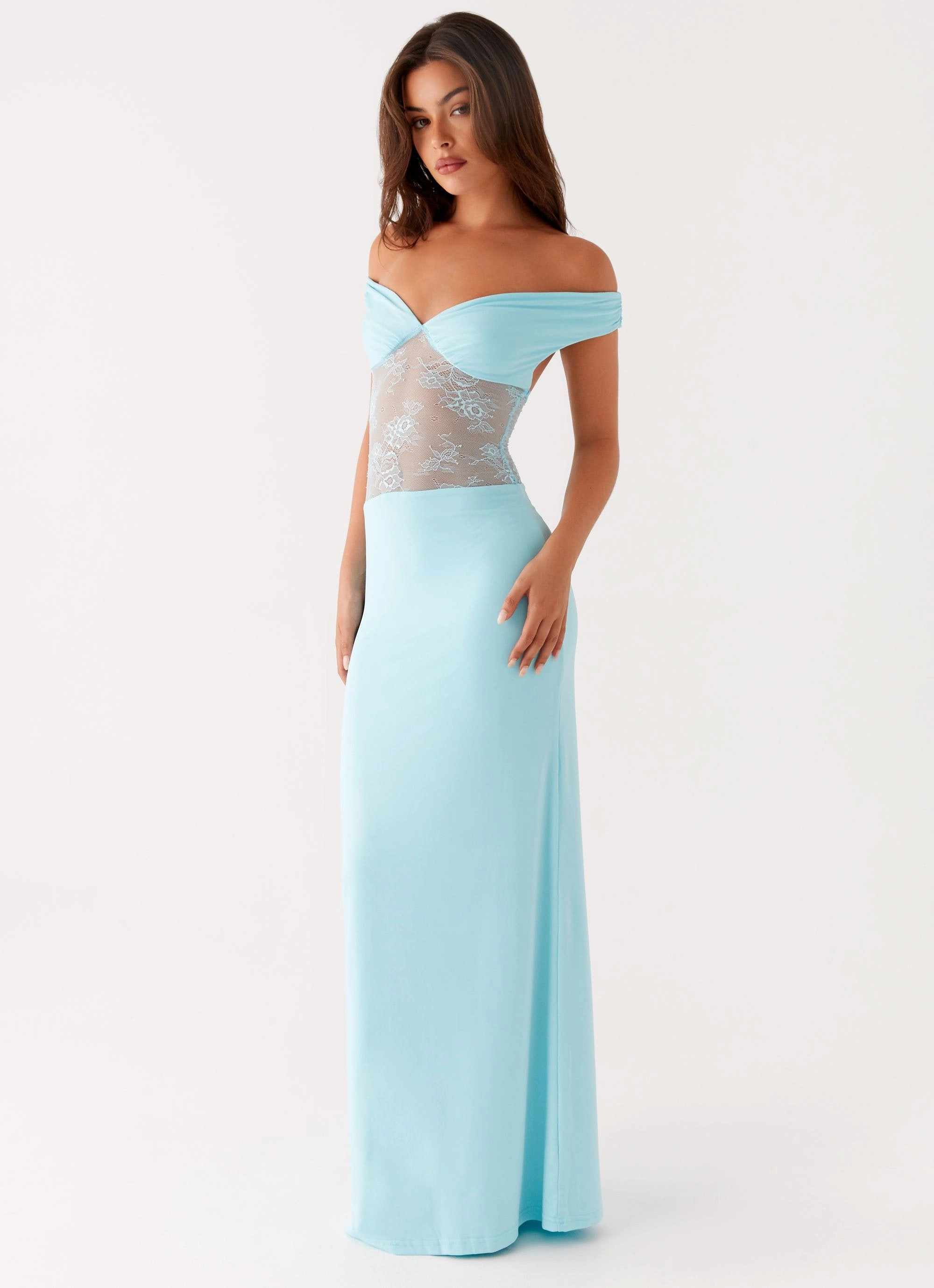 Infatuation Lace Maxi Dress - Turquoise Gloss Finish