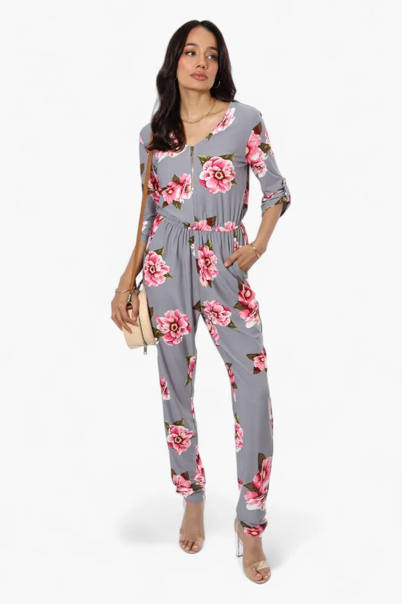 International INC Company Floral Roll Up Sleeve Jumpsuit - Grey