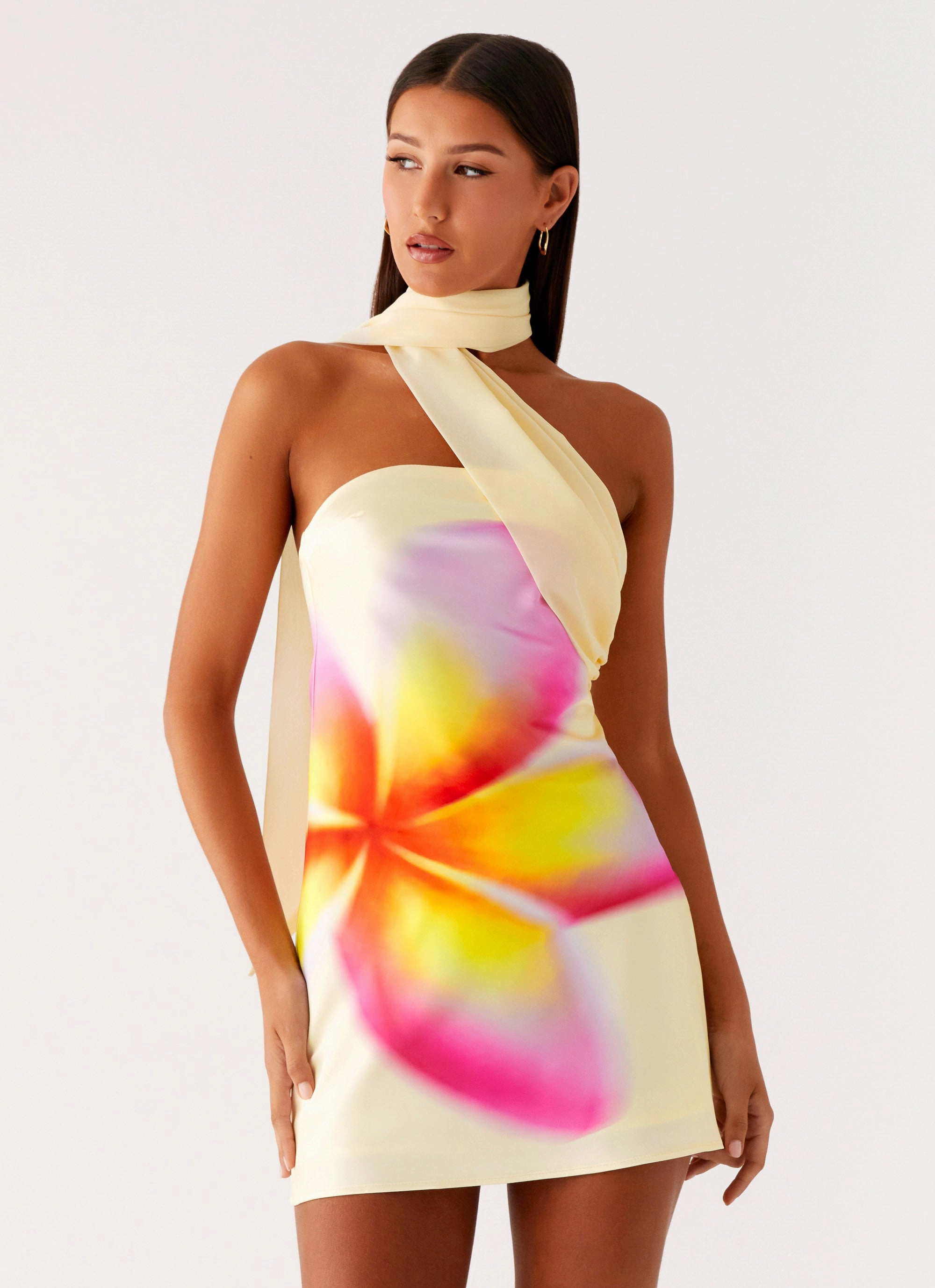 Back Glow Basic Warm Isa Scarf Satin Mini Dress - Frangipani Yellow