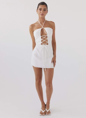 Island Echoes Linen Mini Dress - White Balloon-Sleeve