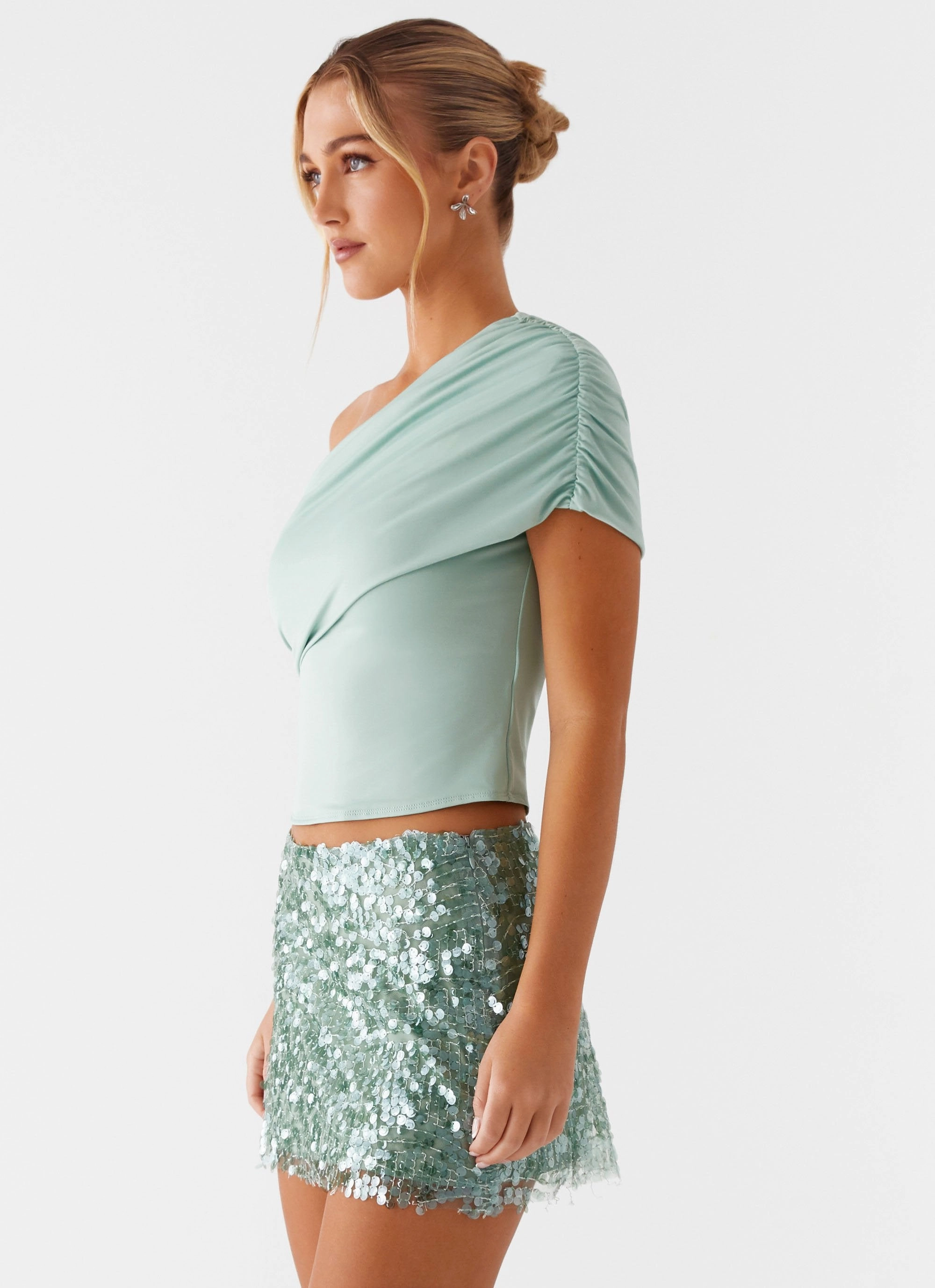 Islington One Shoulder Top - Mint Curved Hem