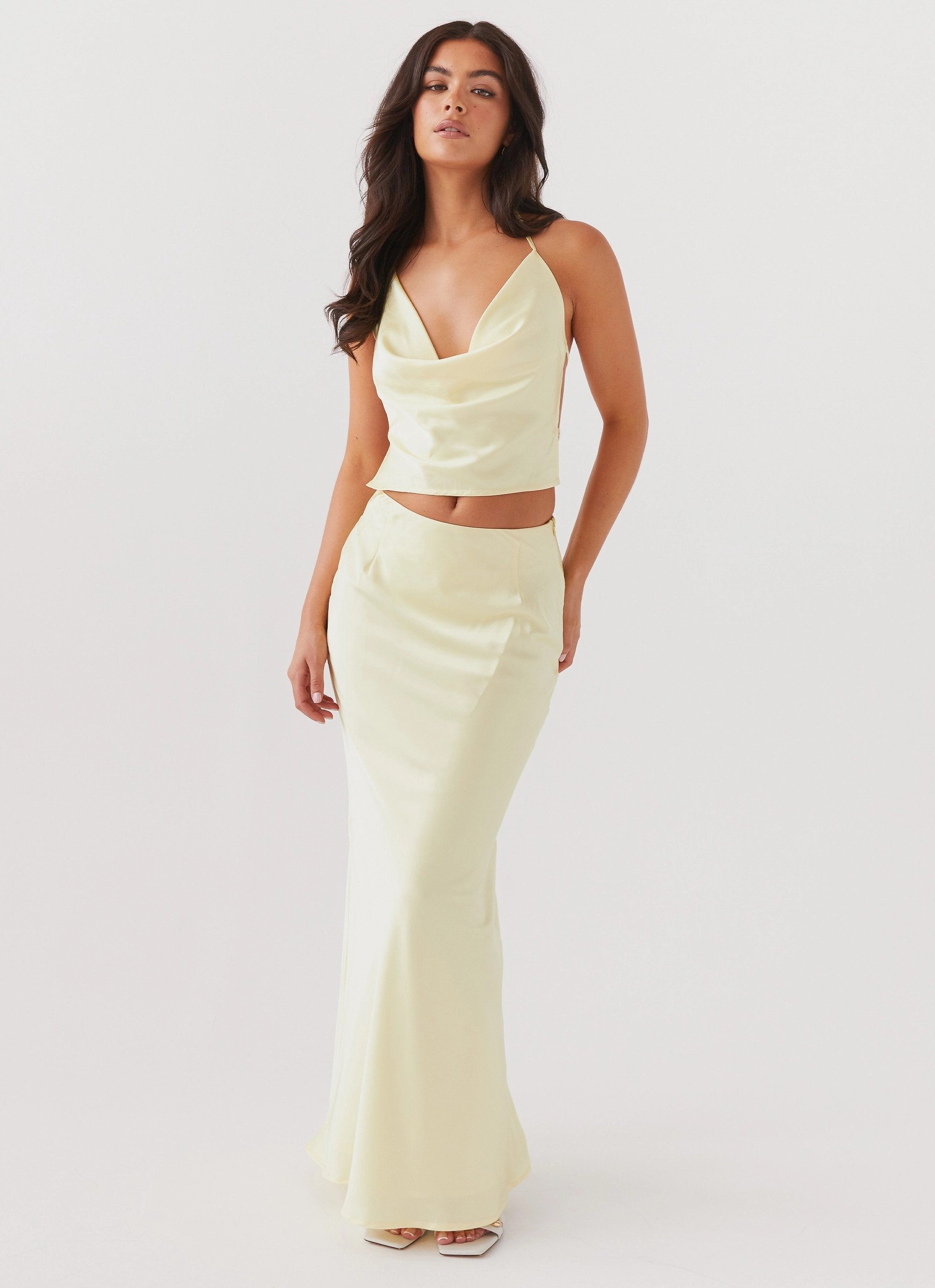 Ivanna Satin Maxi Skirt - Lemon Non Restrictive Armholes Fade Resistant Dye Method