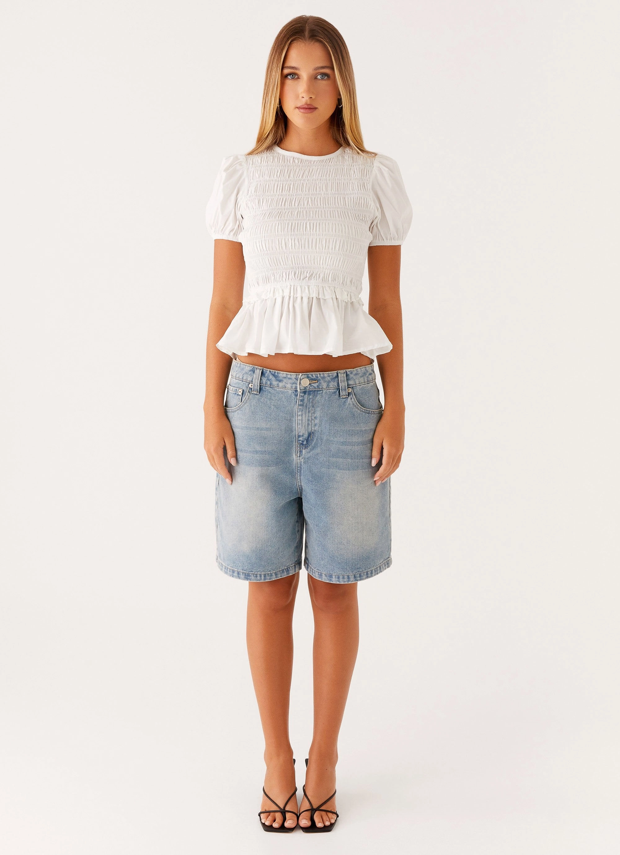 Izzy Shirred Top - White High Stretch Fabric Comfort Cushion Neckline