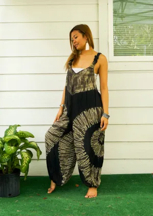 J52- Black and White Side Swirl Hand Dyed Hippie Racerback Jumpsuit Romper