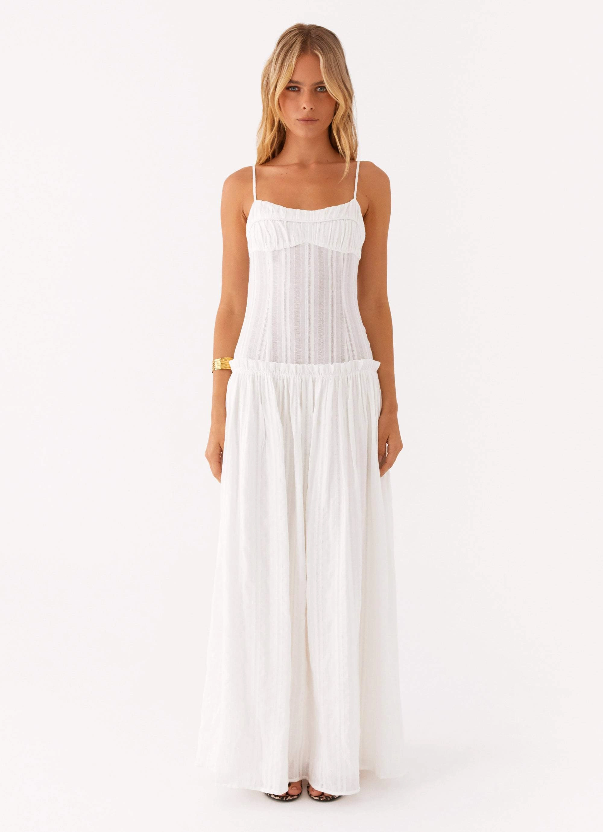 Jacinda Drop Waist Maxi Dress - Ivory Velvet-Touch
