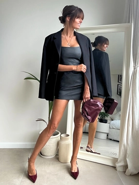 Casual Edge Layered Look Jada Square Neck PU Mini Dress in Black