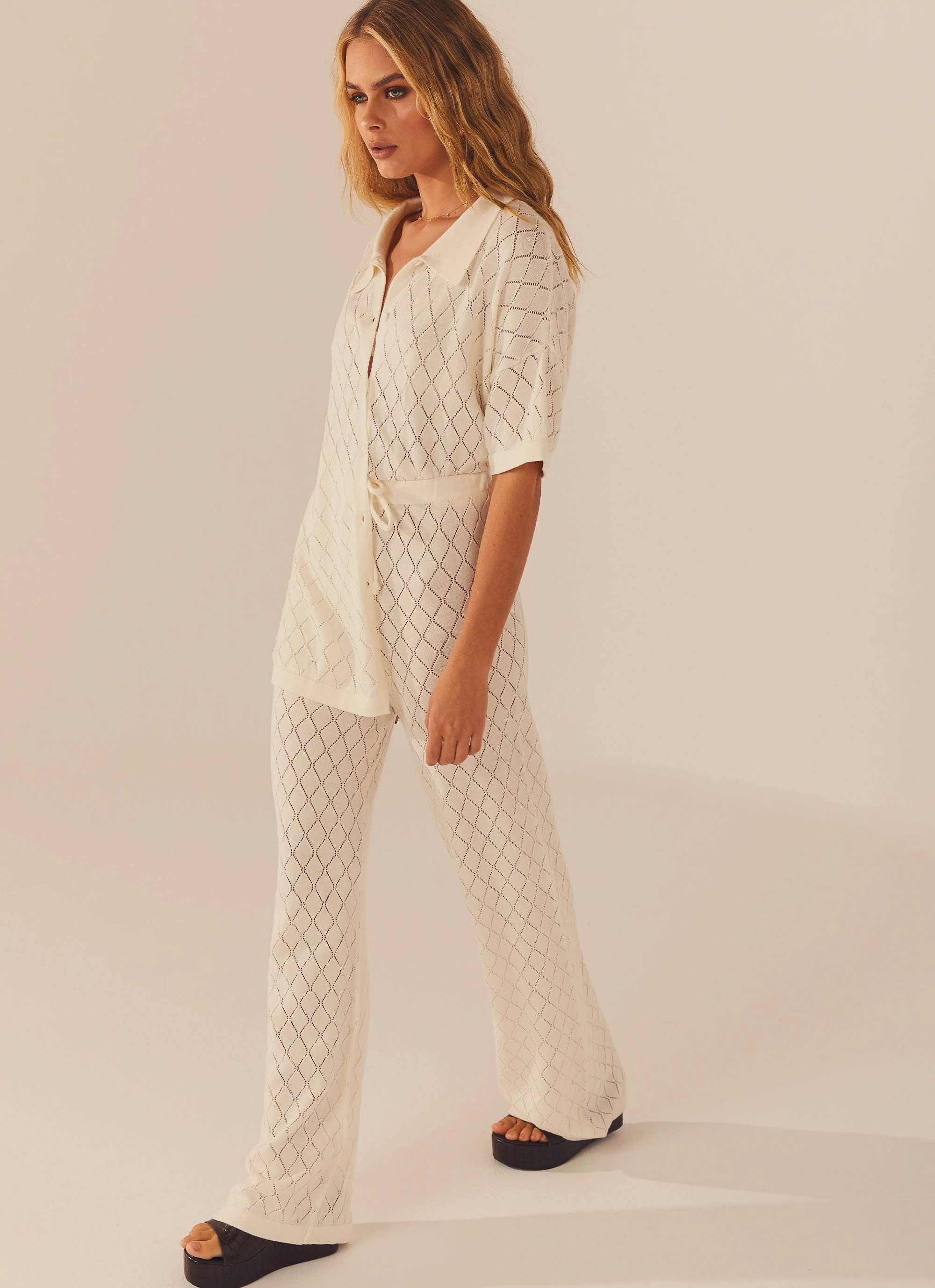 Checkered Style Jaded Knit Pants - White Sand