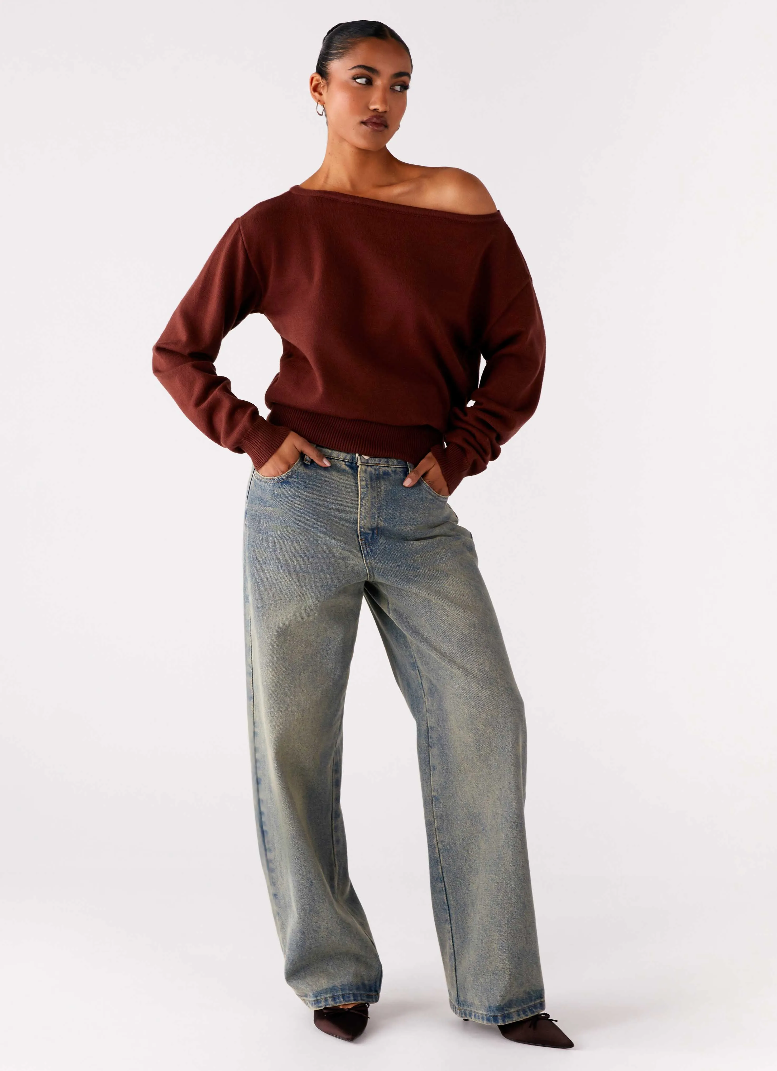 Hidden Pocket Design Hybrid Fabric Blend Jaelin Asymmetric Top - Chocolate