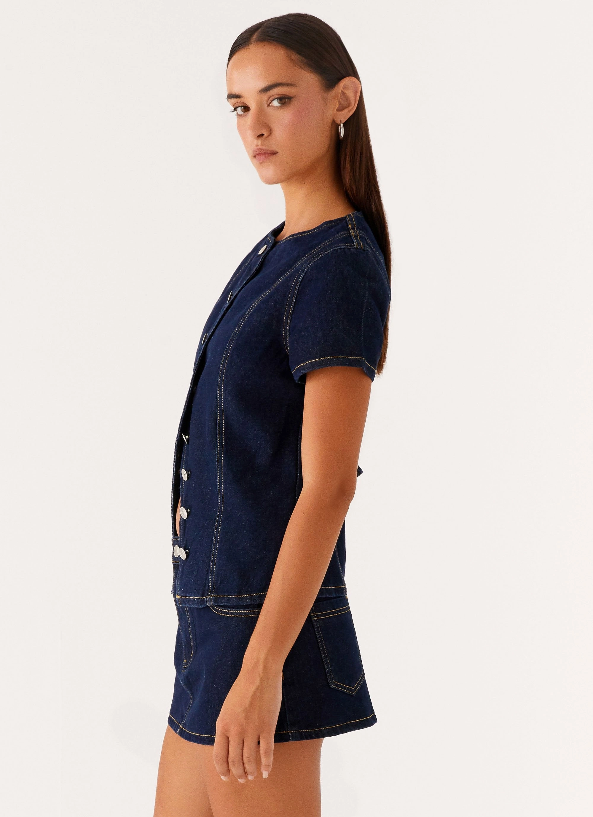 ElasticTrimming Flexible Shoulder Gusset Jagger Top - Indigo