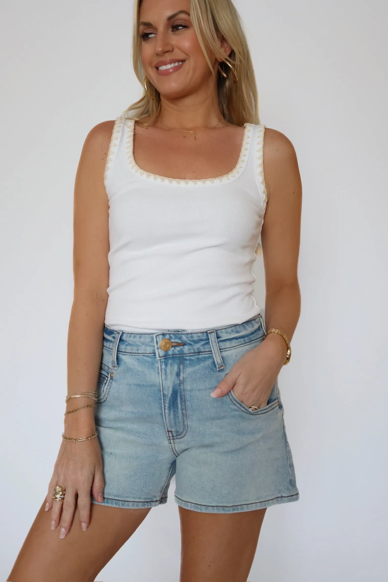 Jaidynn Rib Tank - White wrinkle free finish YarnDyeStripe