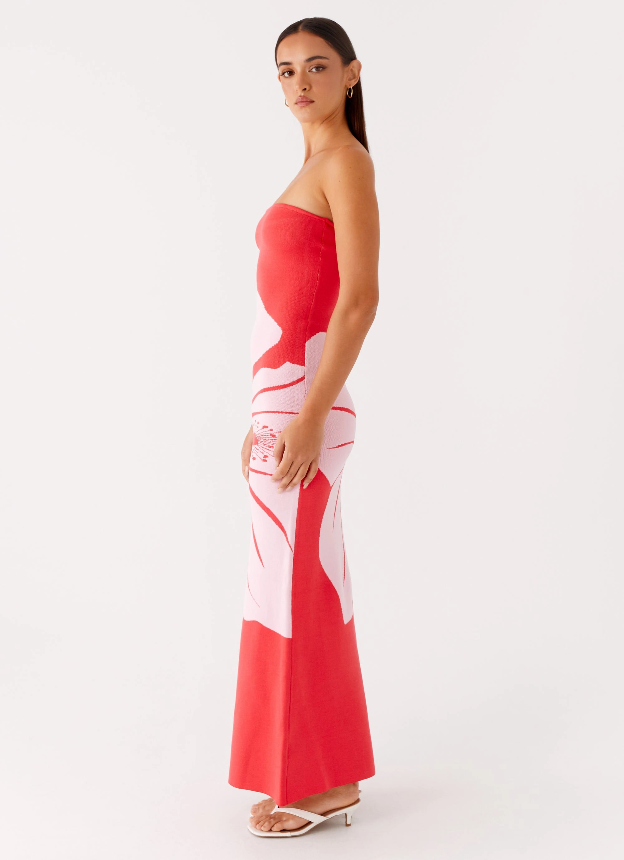 Jala Strapless Knit Maxi Dress - Red Floral Fluid Fabric Stylish party wear