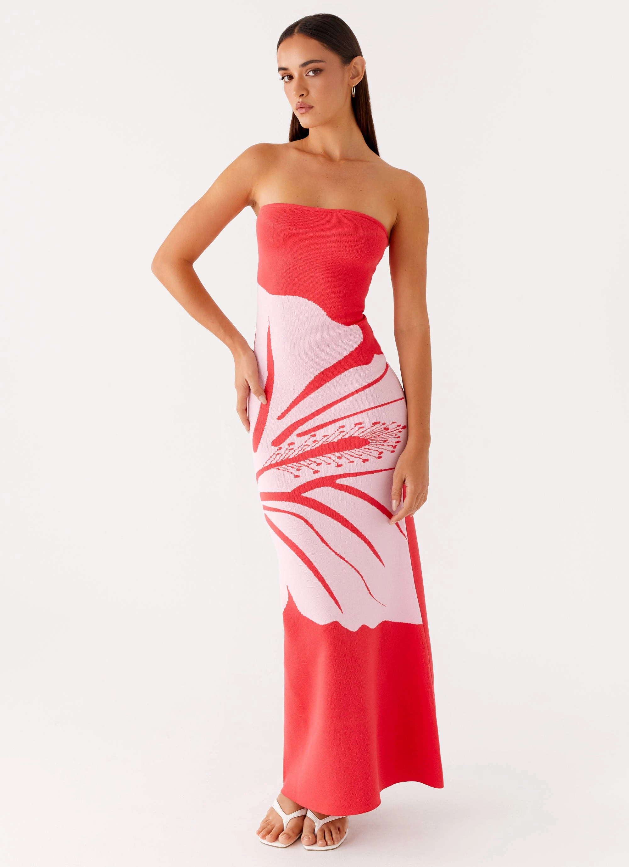 Jala Strapless Knit Maxi Dress - Red Floral Inner lining Cool Look