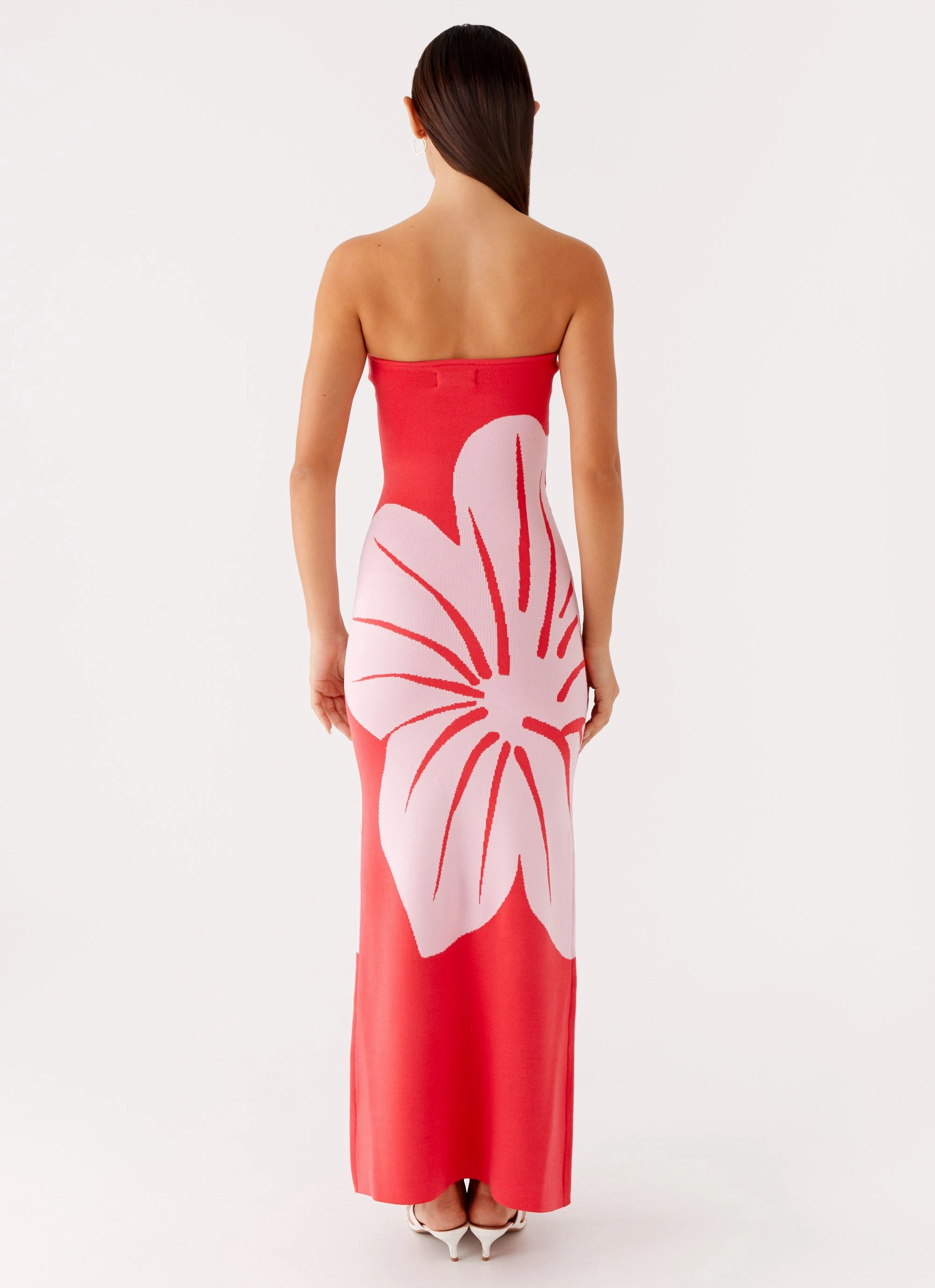 Jala Strapless Knit Maxi Dress - Red Floral Bloom Soft Vibrant Waist Fit