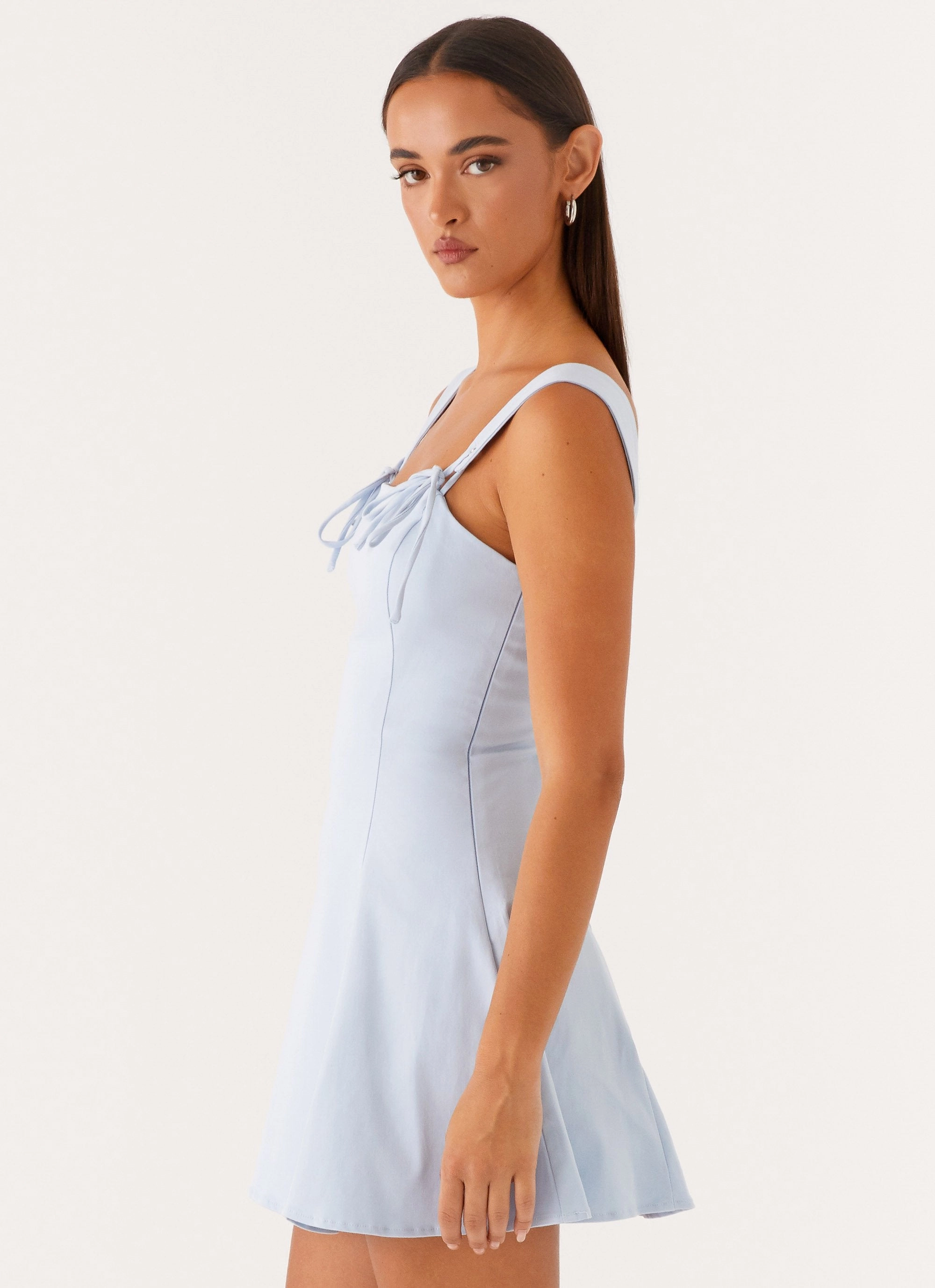 Jamaya Tie Mini Dress - Blue Outdoor Scene