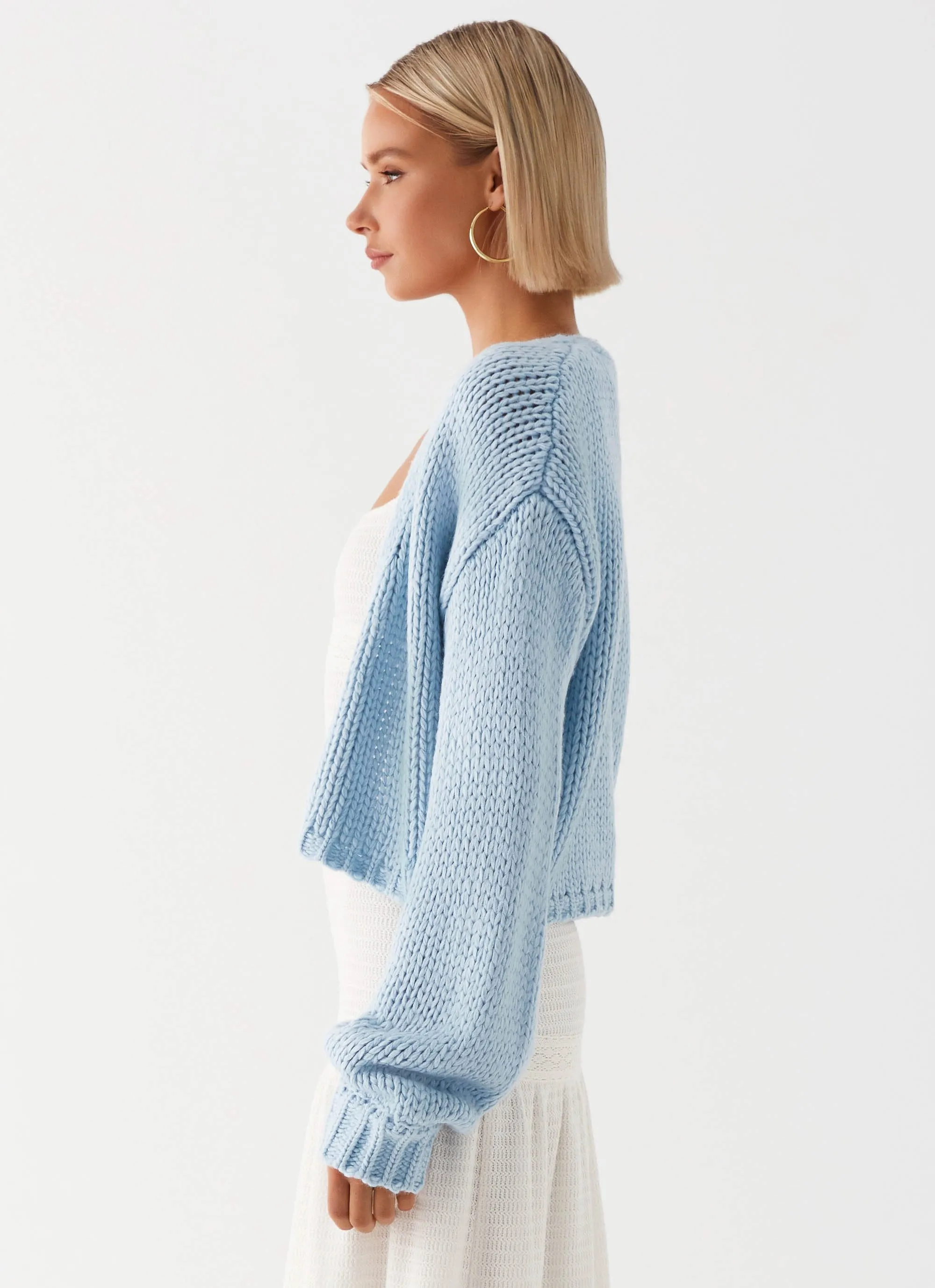 Jasleen Knit Cardigan - Blue EasyCare Fabric Neutral Tone Palette