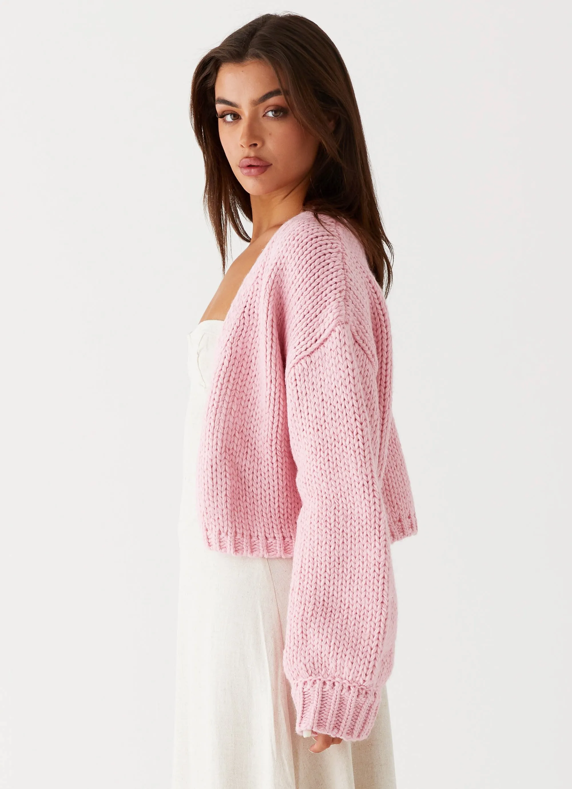 ShockAbsorbing Yarn Dyed Pattern Cloth Jasleen Knit Cardigan - Pink