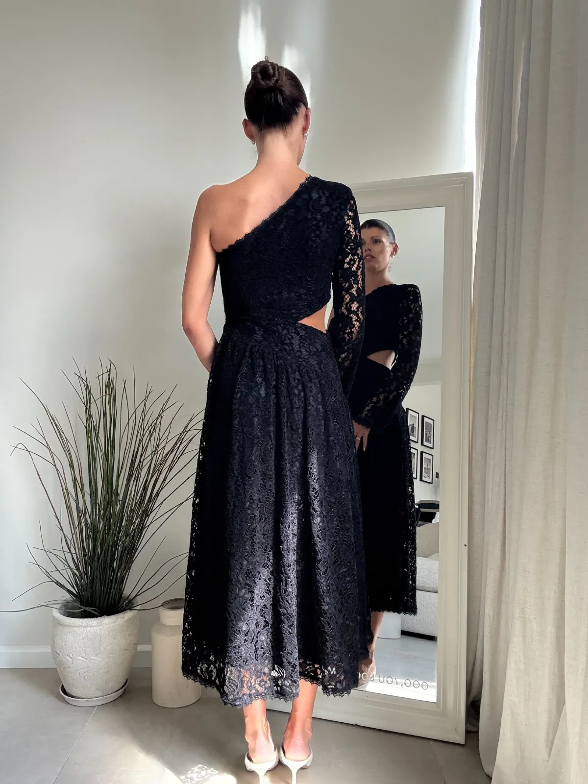 Jasmine Cut Out One Shoulder Dress in Black Lace Daily Ready