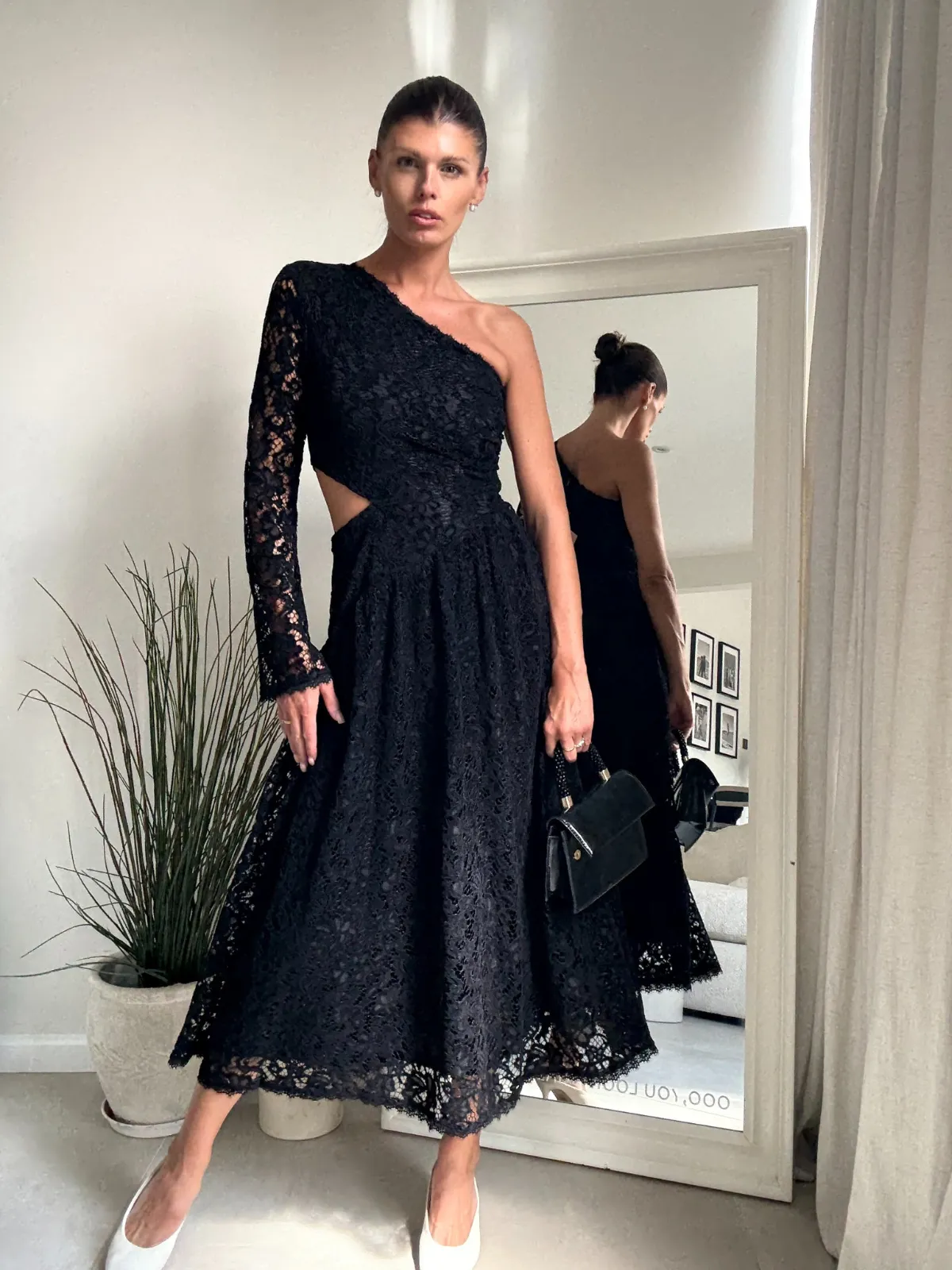 Light And Airy Jasmine Cut Out One Shoulder Dress in Black Lace