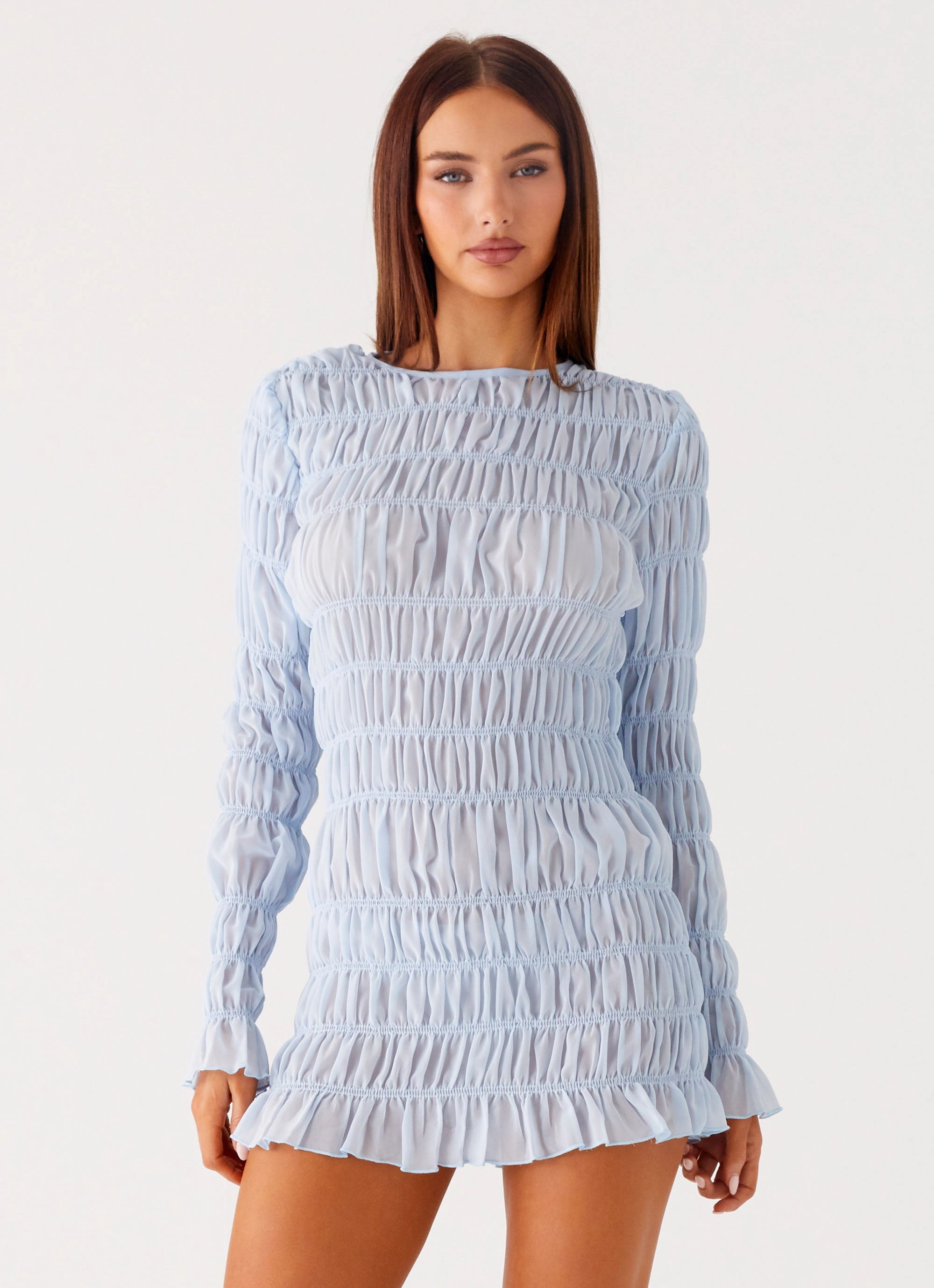 Jasy Long Sleeve Mini Dress - Sky Blue High low hem