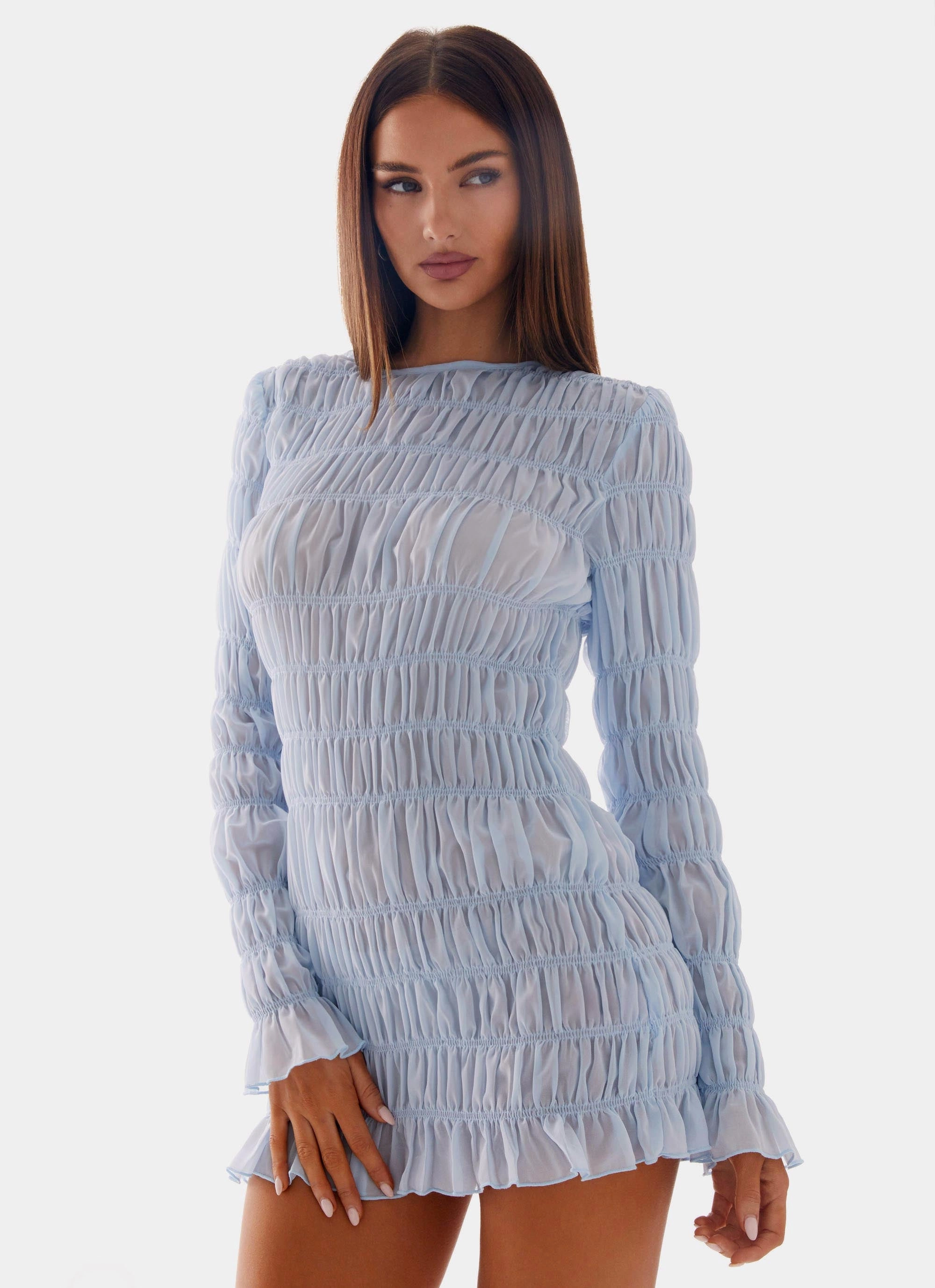 Jasy Long Sleeve Mini Dress - Sky Blue Satin-Finish Luxe Appeal