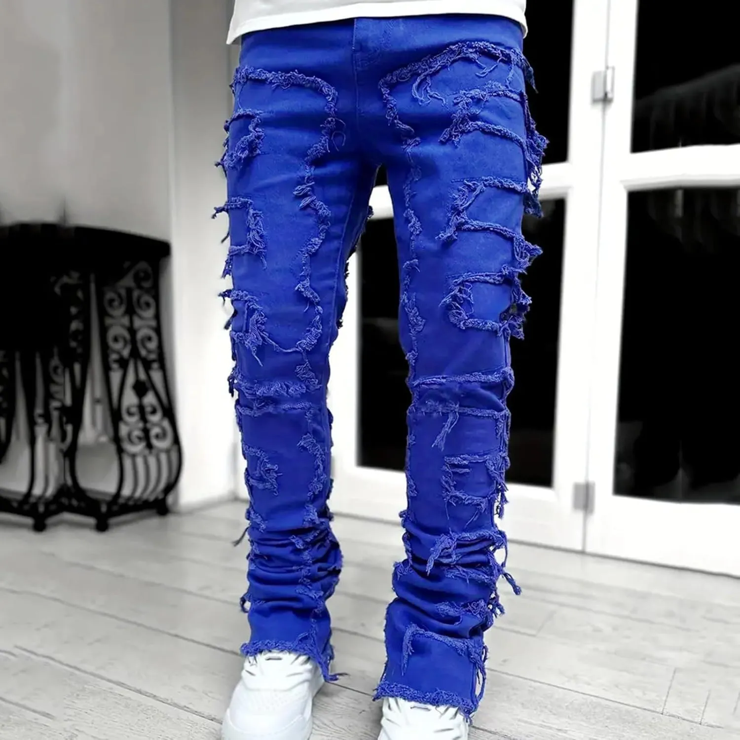 Jeans for Men Slim Fit Men's Ripped Stacked Jeans Distressed Destroyed Skinny Demin Pants Slim Fit Trousers Streetwear