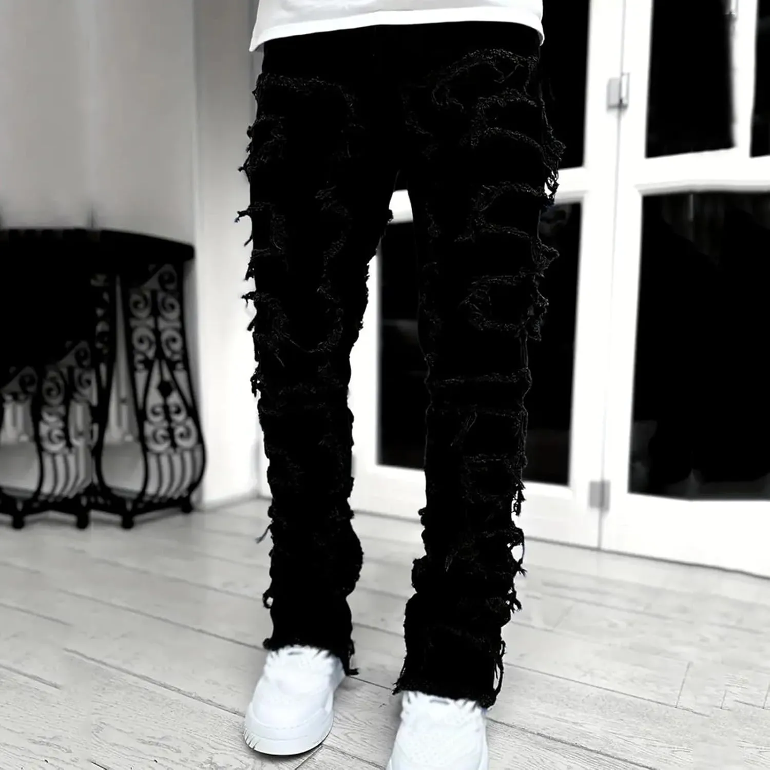 Jeans for Men Slim Fit Men's Slim Fit Stretch Jeans Distressed Patchwork Stacked Frayed Straight Leg Skinny Denim Pant