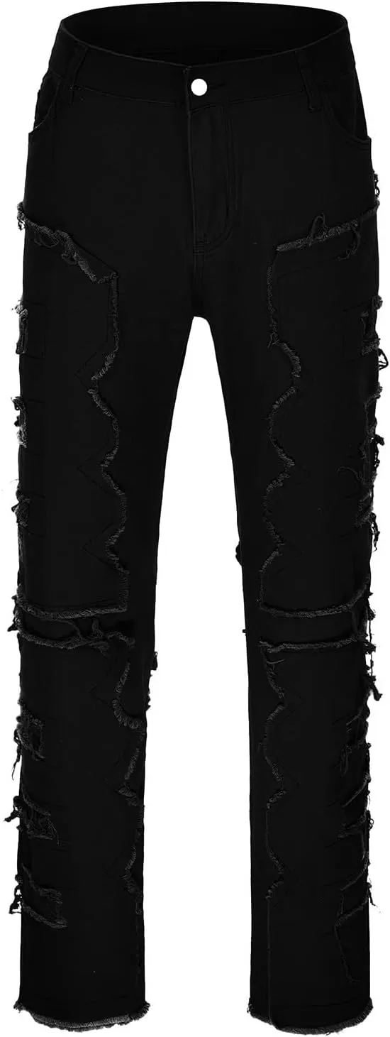 Jeans for Men Slim Fit Men's Slim Fit Stretch Jeans Distressed Patchwork Stacked Frayed Straight Leg Skinny Denim Pant